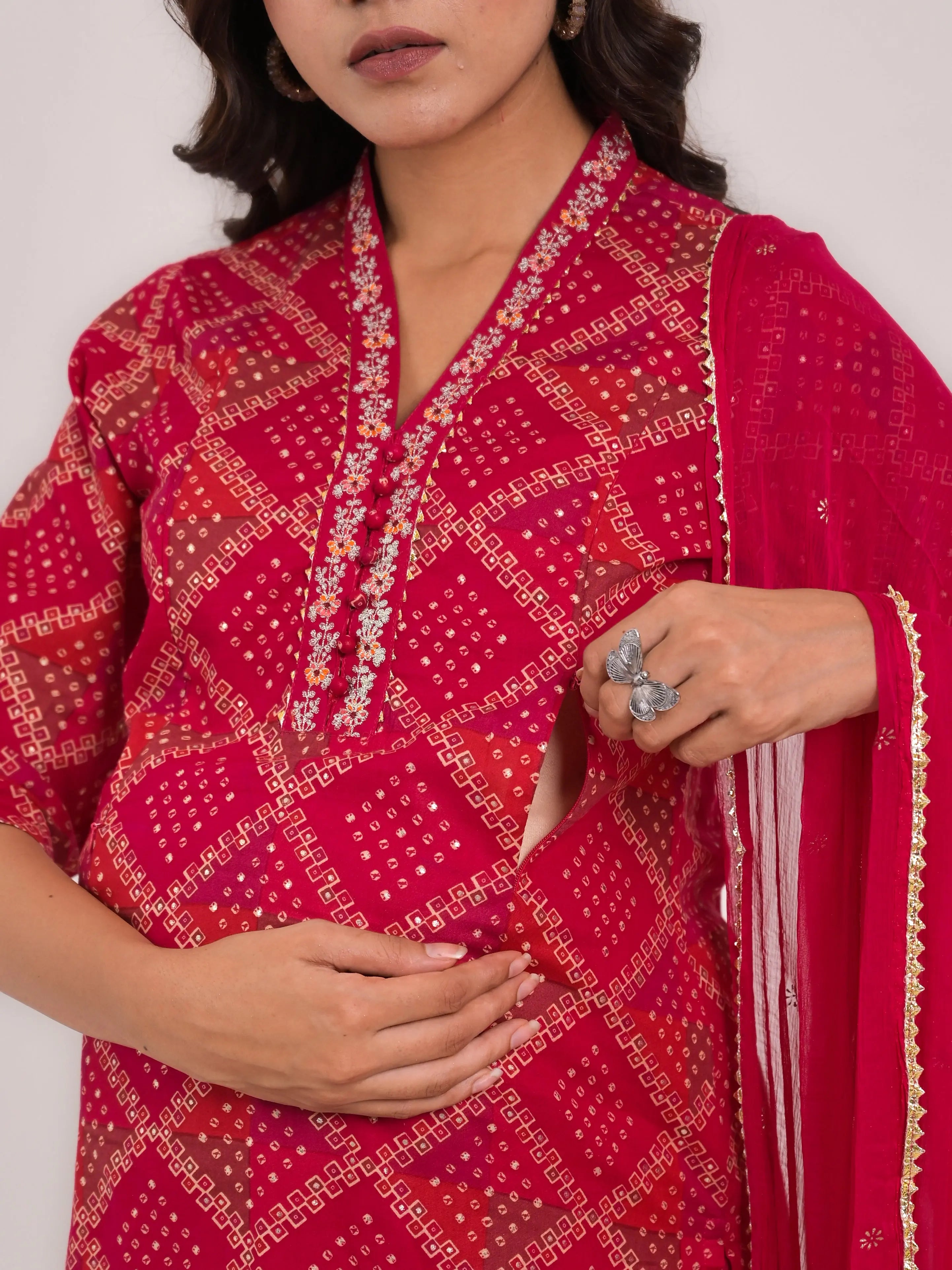 Mumzhug cotton embroided kurta with pant and dupatta for maternity and feeding purpose mumzhug