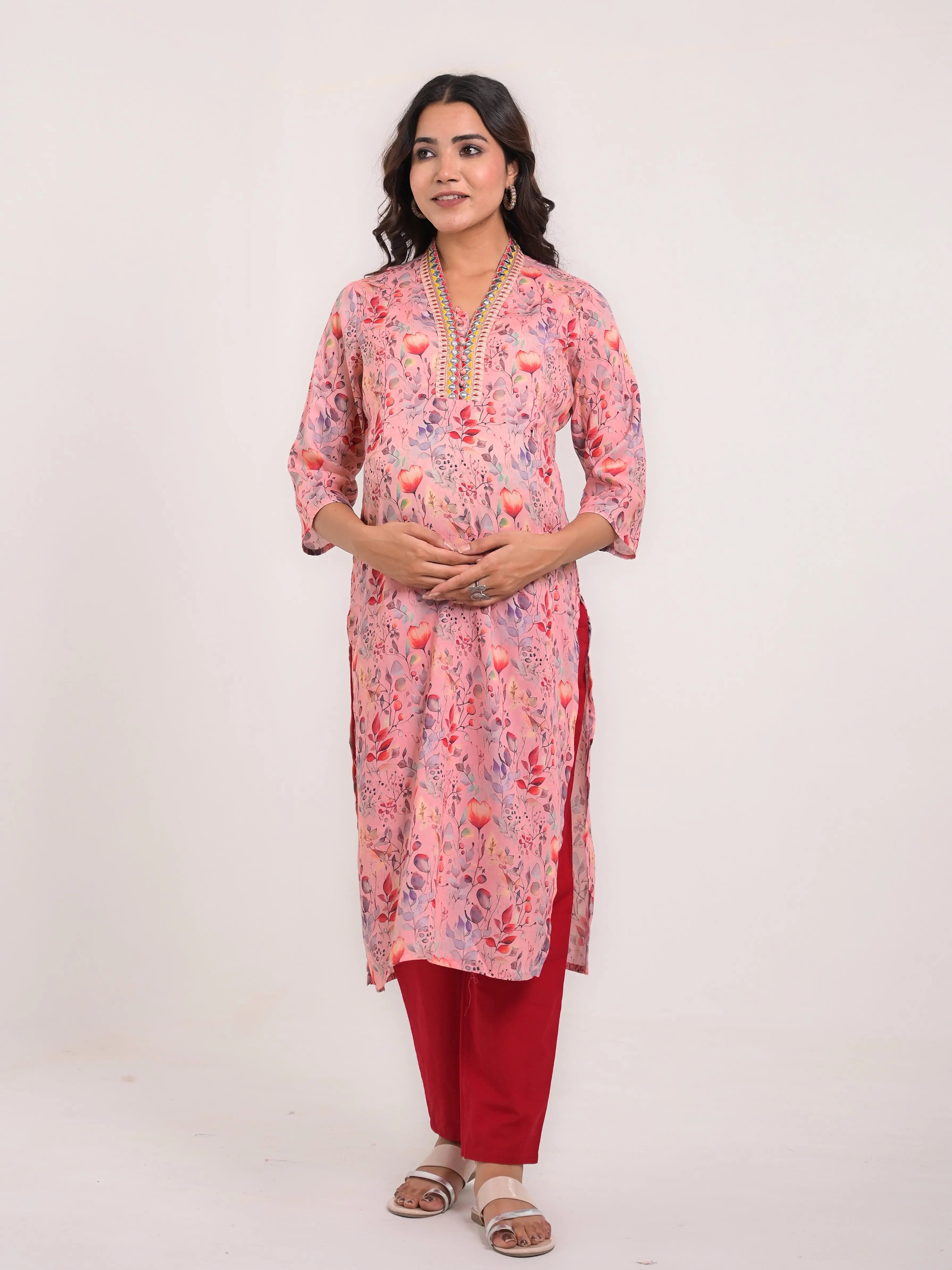 maslin silk  printed kurta with detailed embroidery for feeding and maternity purpose mumzhug