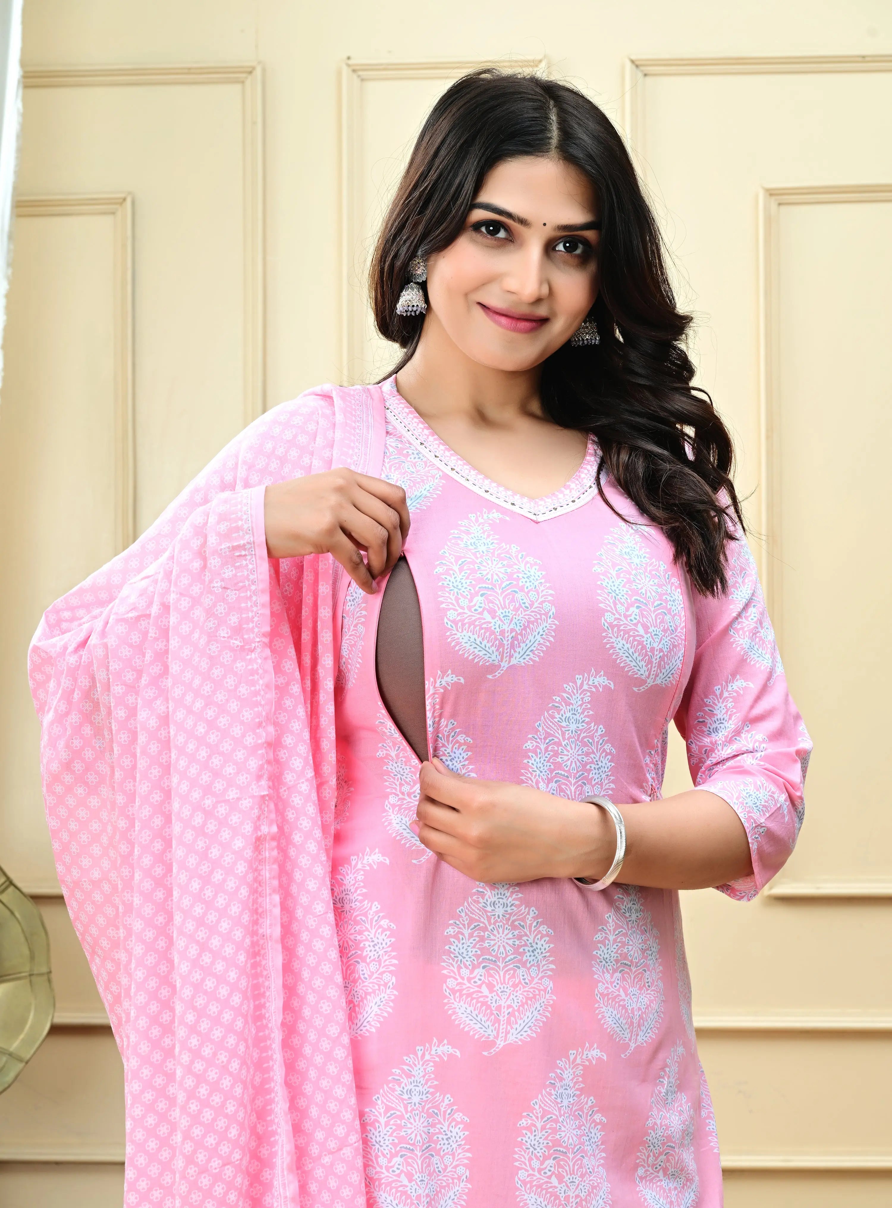 PLUS SIZED PURE COTTON BABY PINK COLORED KURTA PANT AND DUPATTA FOR FEEDING AND MATERNITY PURPOSE  mumzhug  Maternity Gown