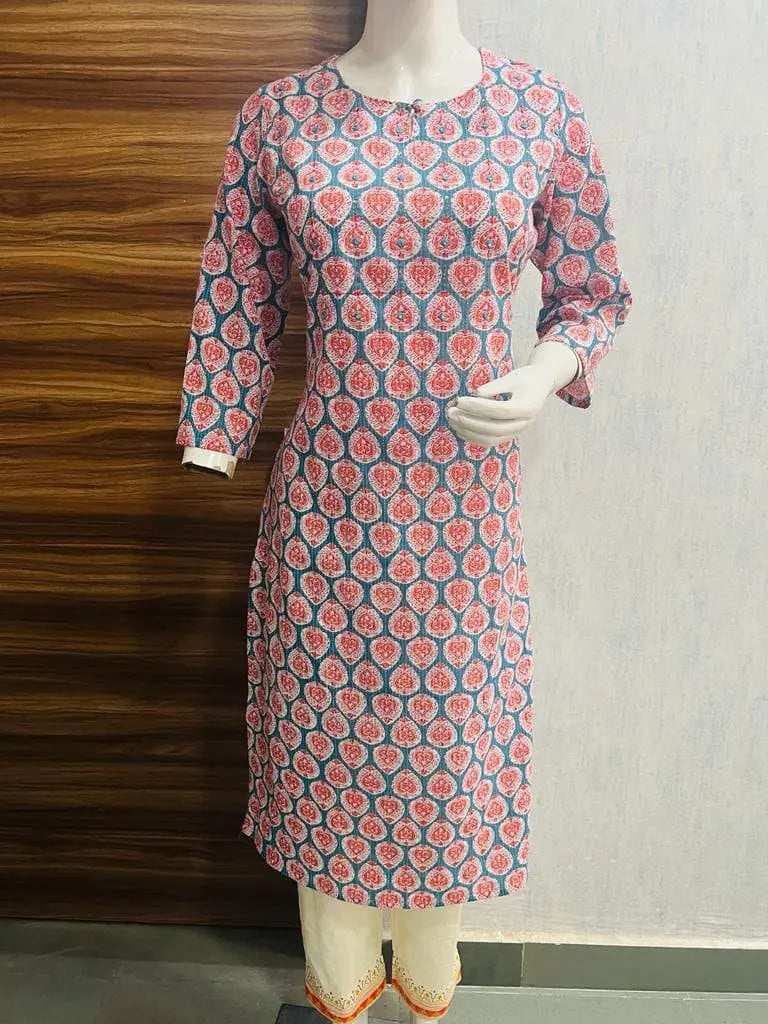 MUMZ- 005 MERUM AND BLUE HAND-BLOCK PRINTED FEEDING OR NURSING  KURTA WITH EMBROIDERY mumzhug