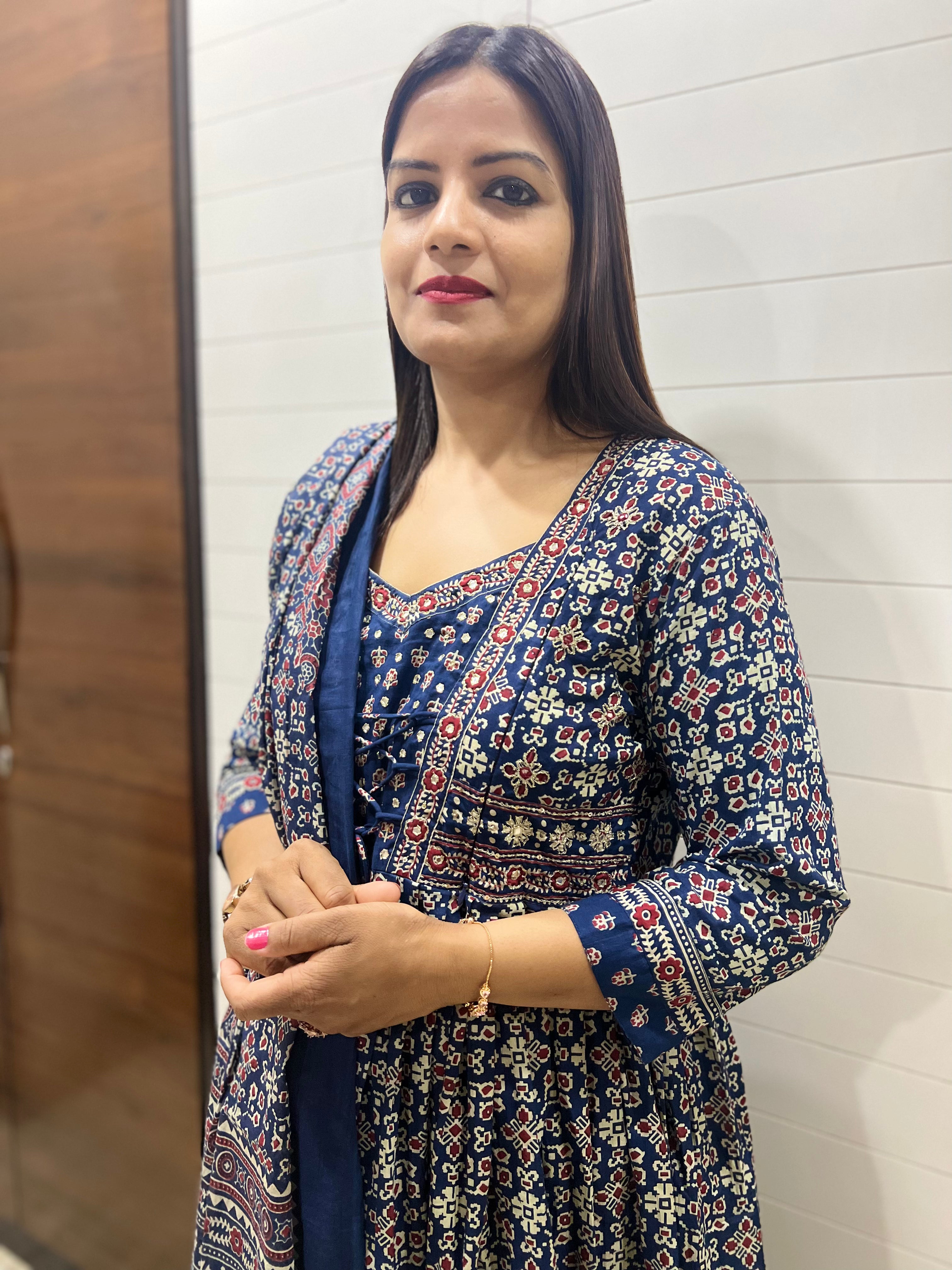 Navy Blue Printed Pure Cotton Feeding and Maternity Anarkali Pant and Dupatta Set