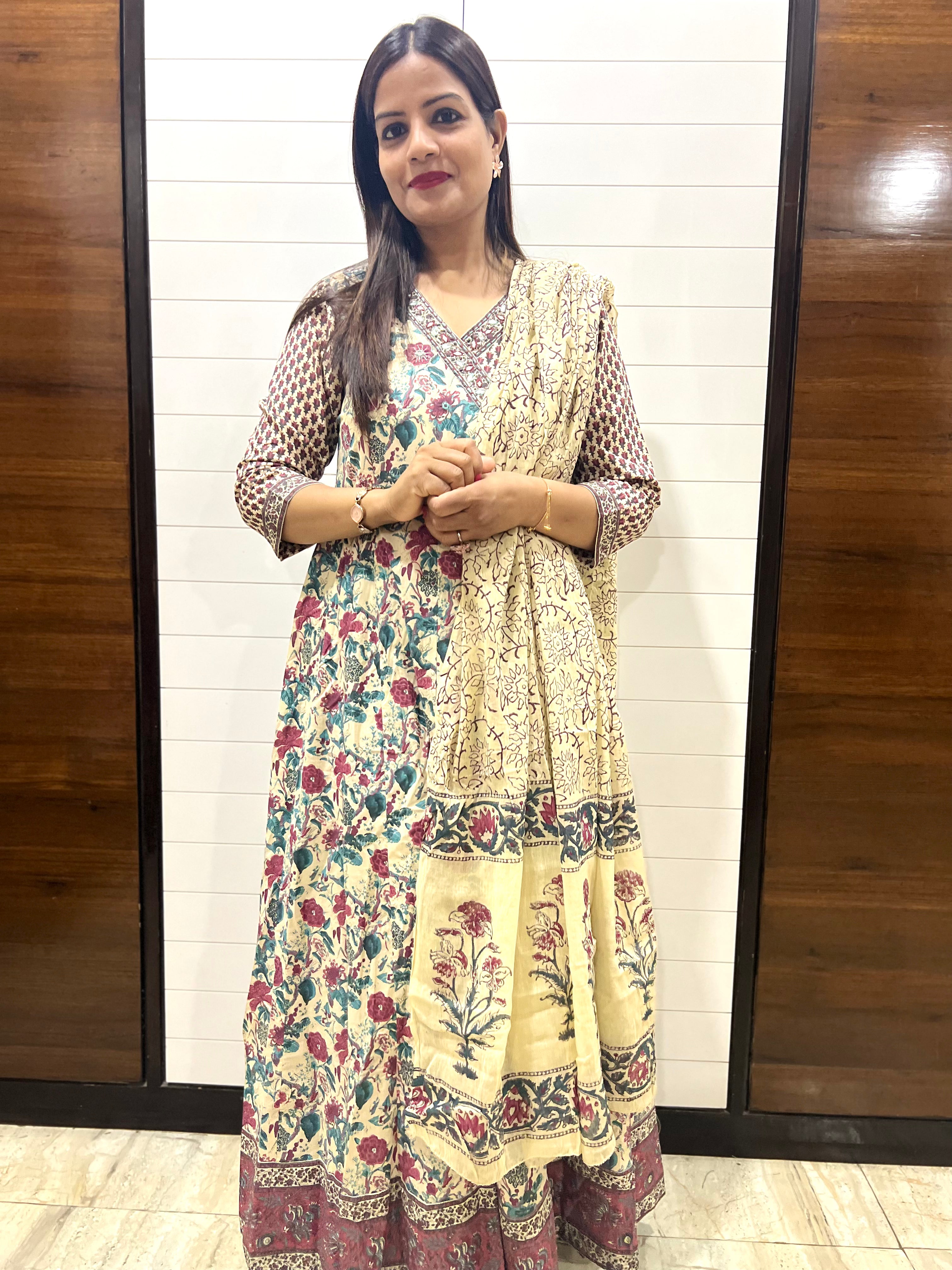Pure Cotton Ethnic Feeding and Maternity Anarkali Pant and Dupatta Set