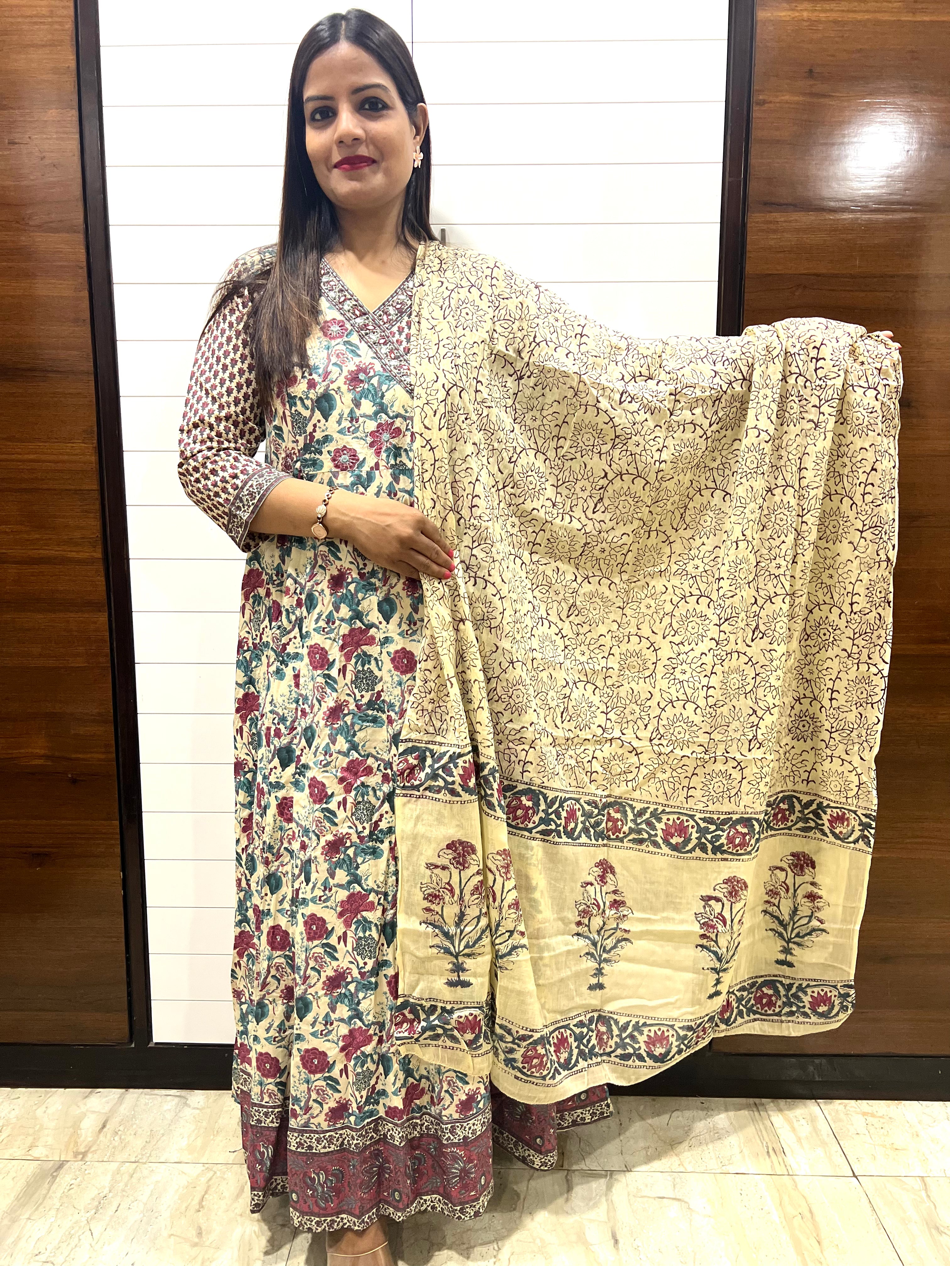 Pure Cotton Ethnic Feeding and Maternity Anarkali Pant and Dupatta Set