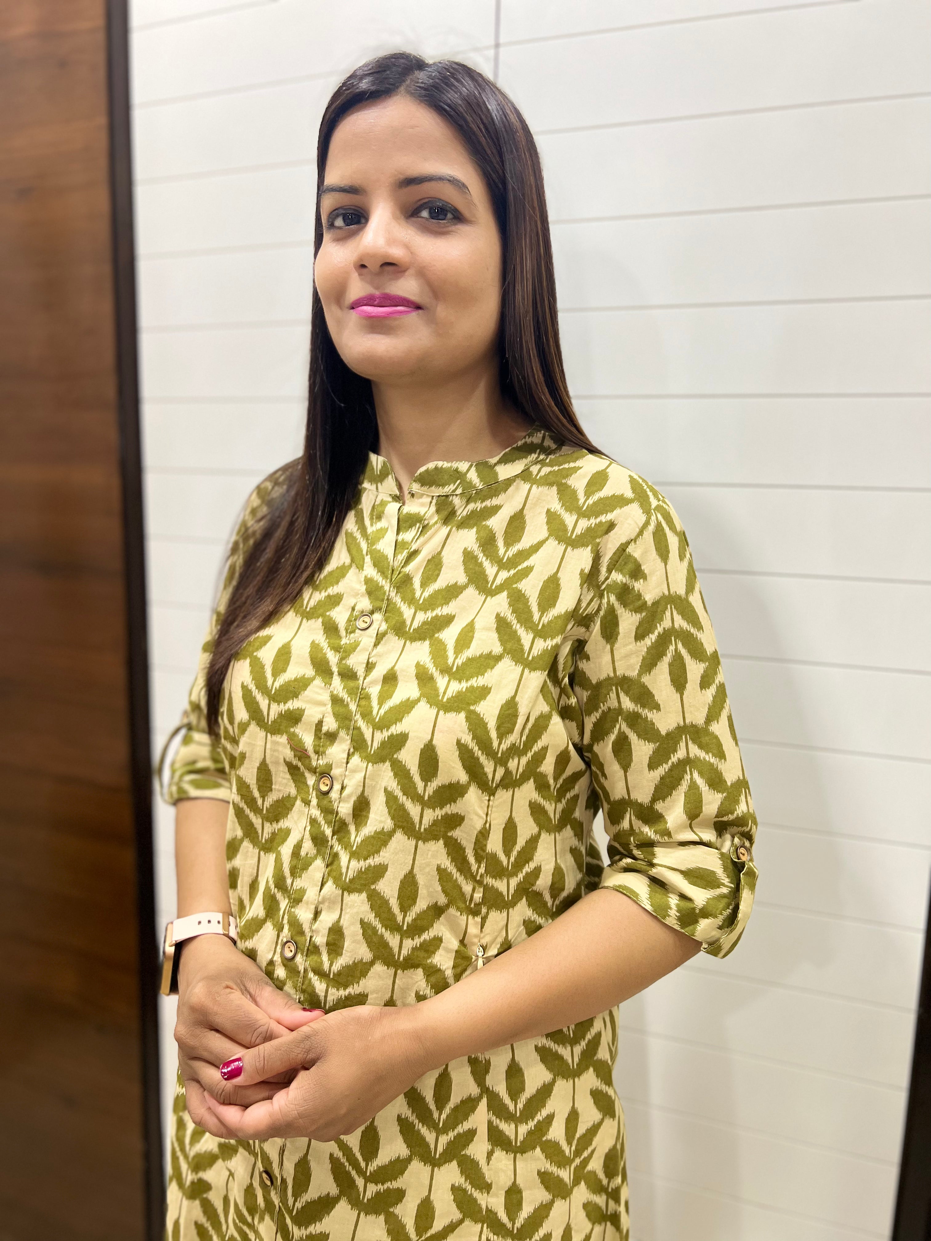 Olive-Green Pure Cotton Printed Feeding A-line Cord Set with Side Pocket