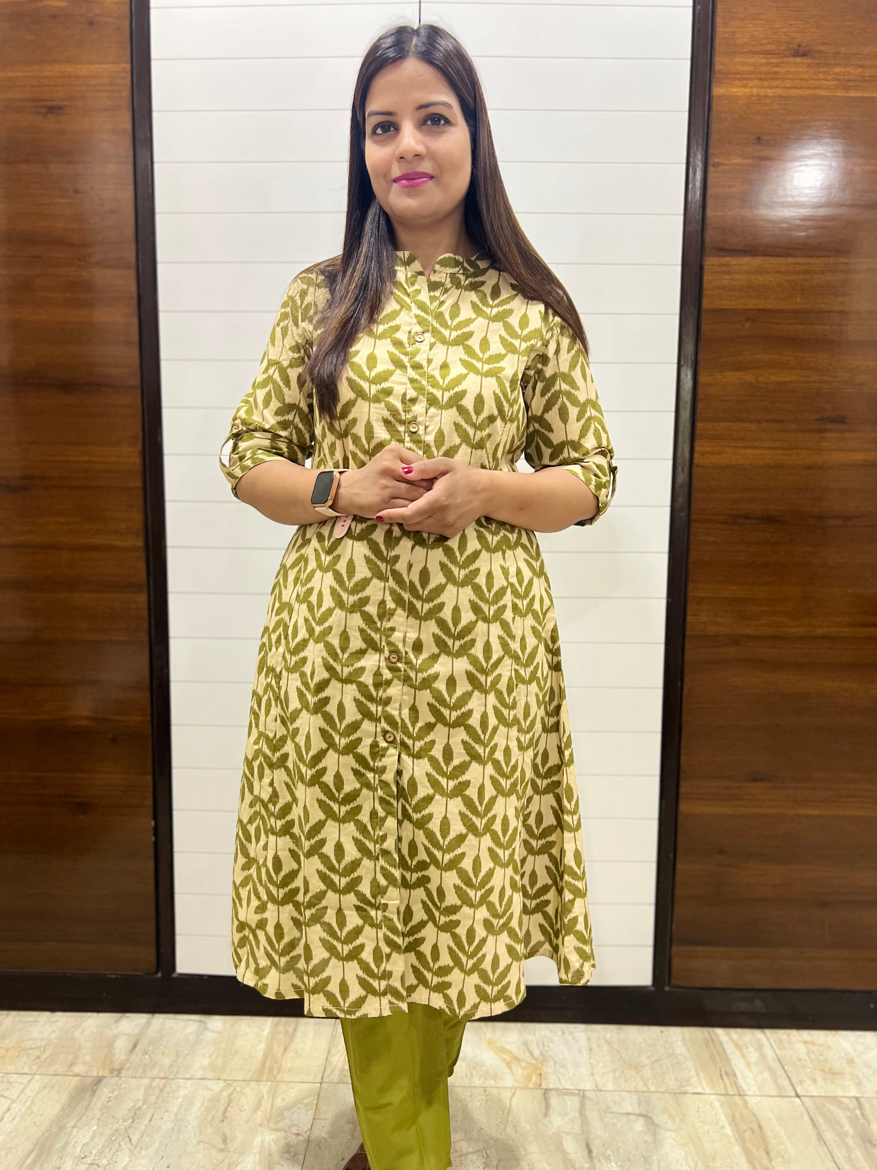 Olive-Green Pure Cotton Printed Feeding A-line Cord Set with Side Pocket