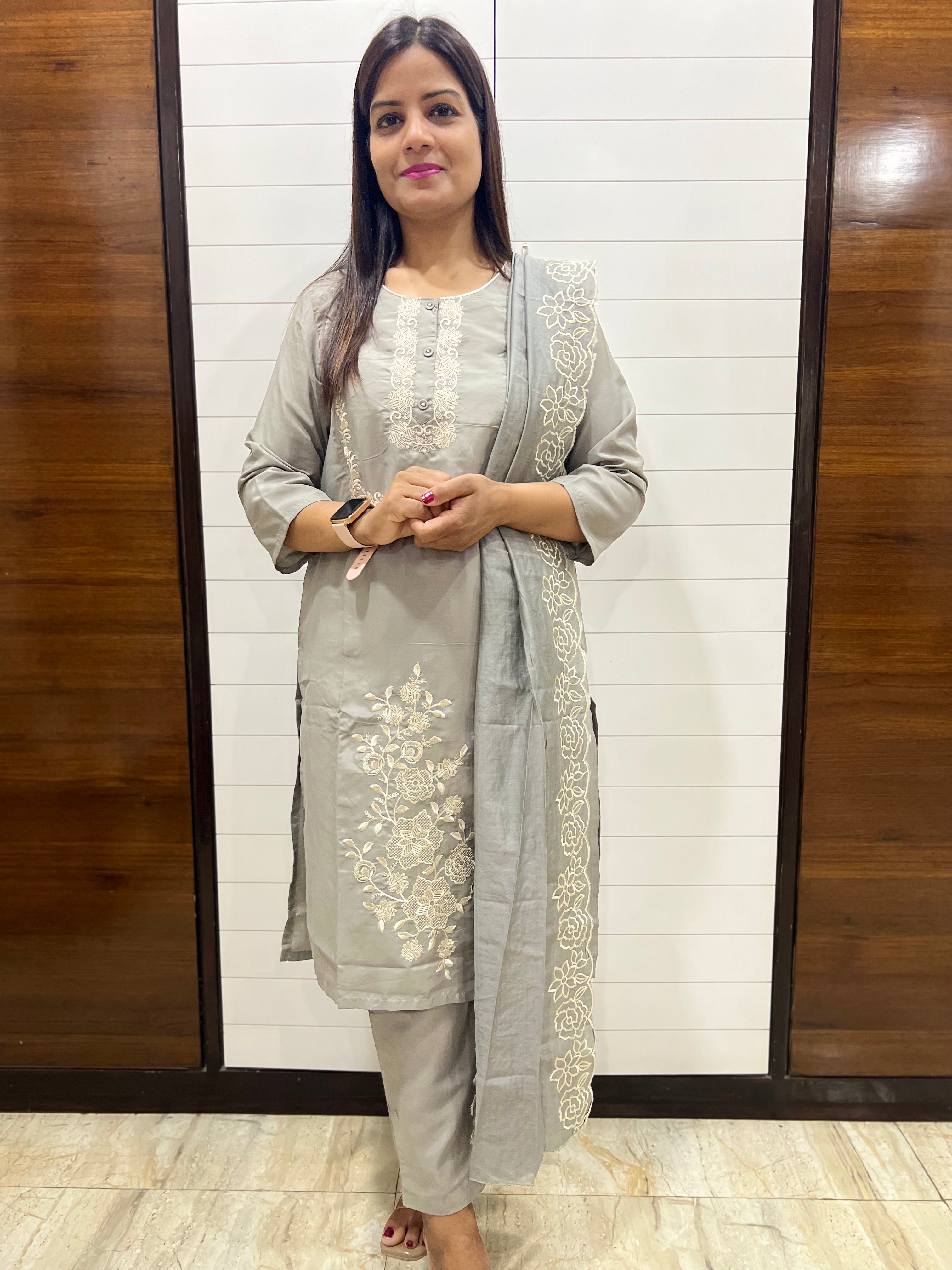 Grey Cotton Silk Embroidered Feeding Kurta Pant and Dupatta Set with Attached Lining