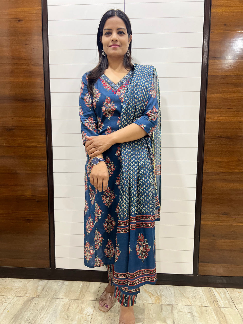Mumzhug Blue Color Jaipuri print Pure Cotton Feeding Kurta Pant and Dupatta Set- DISPATCHING STARTS 20TH OCTOBER