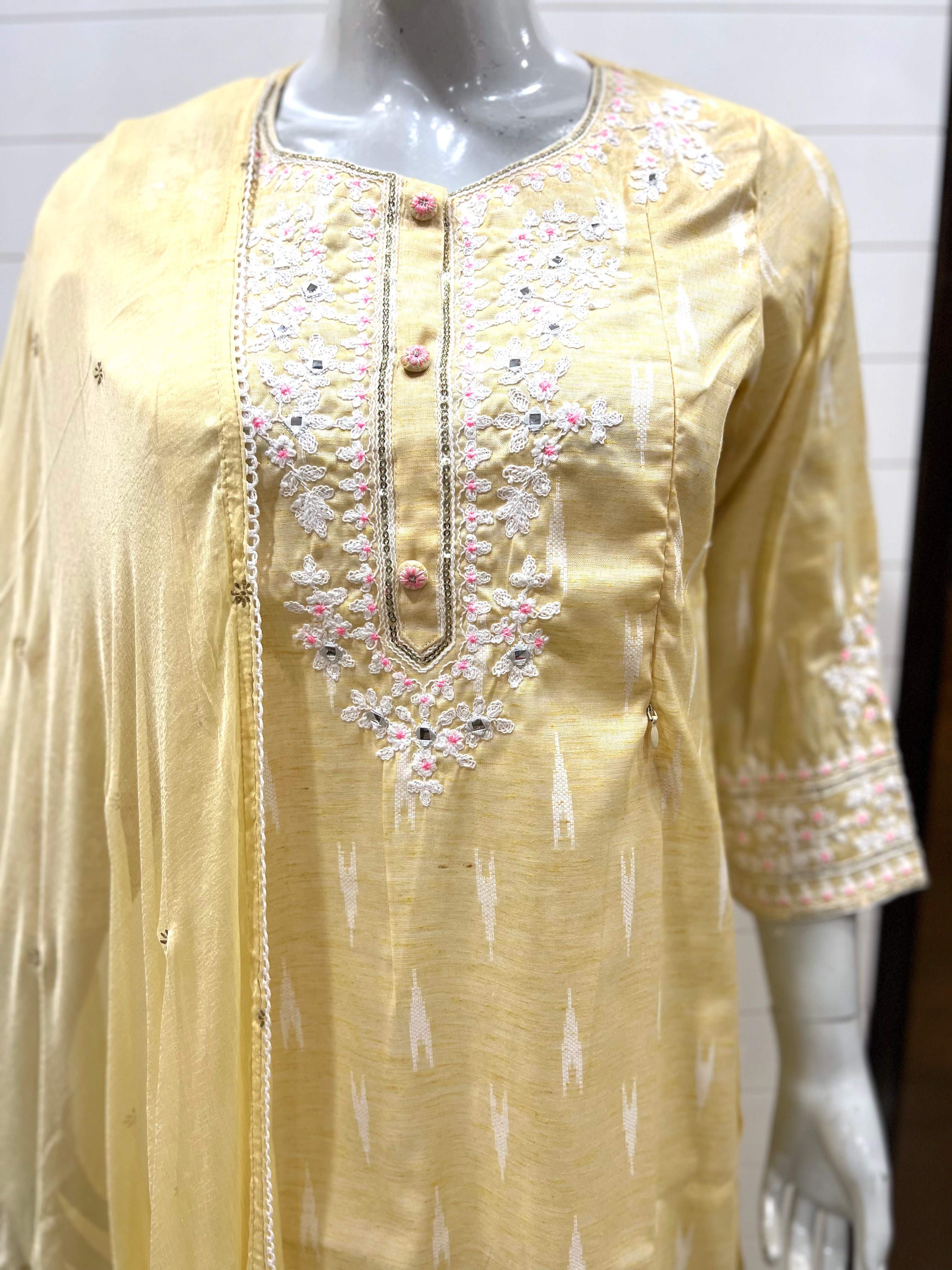 COTTON IKKAT DORI EMBROIDED KURTA WITH COTTON PANT AND CHIFFON DUPATTA FOR MATERNITY AND FEEDING PURPOSE