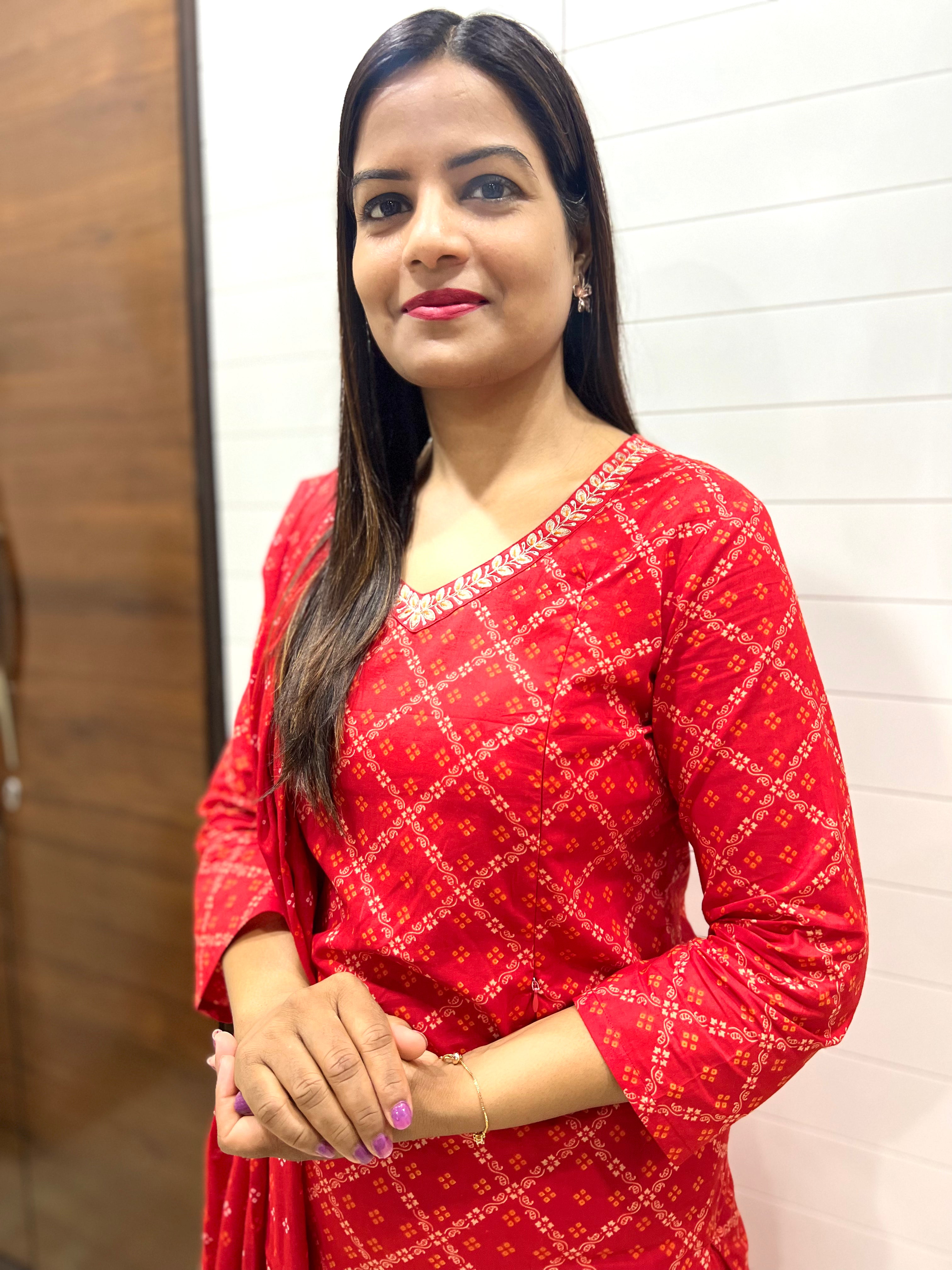 Red Pure Cotton Printed Feeding Kurta Pant and Dupatta Set