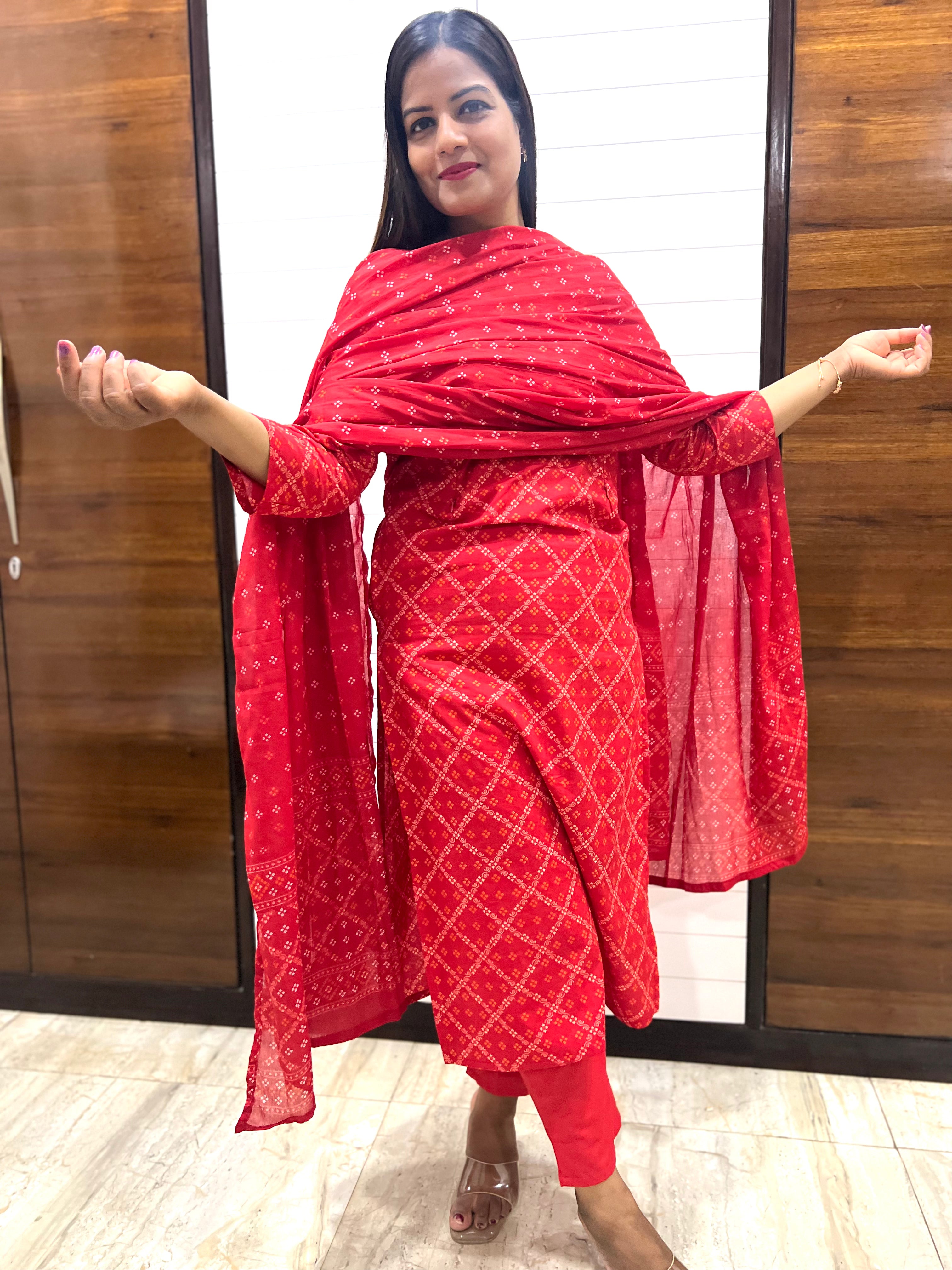 Red Pure Cotton Printed Feeding Kurta Pant and Dupatta Set