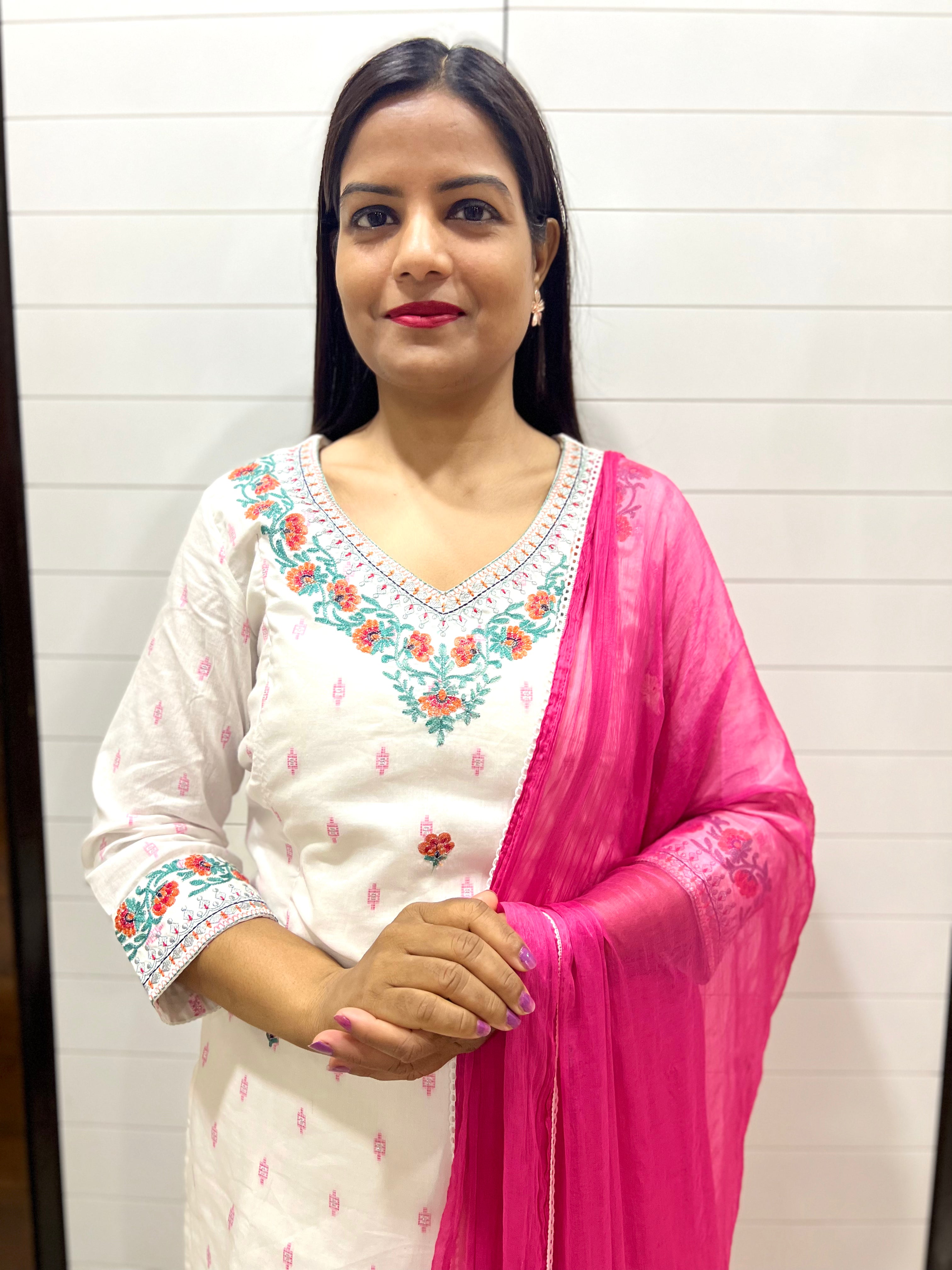 White Pure Cotton Ikkat Embroidered Feeding Kurta Pant and Dupatta Set