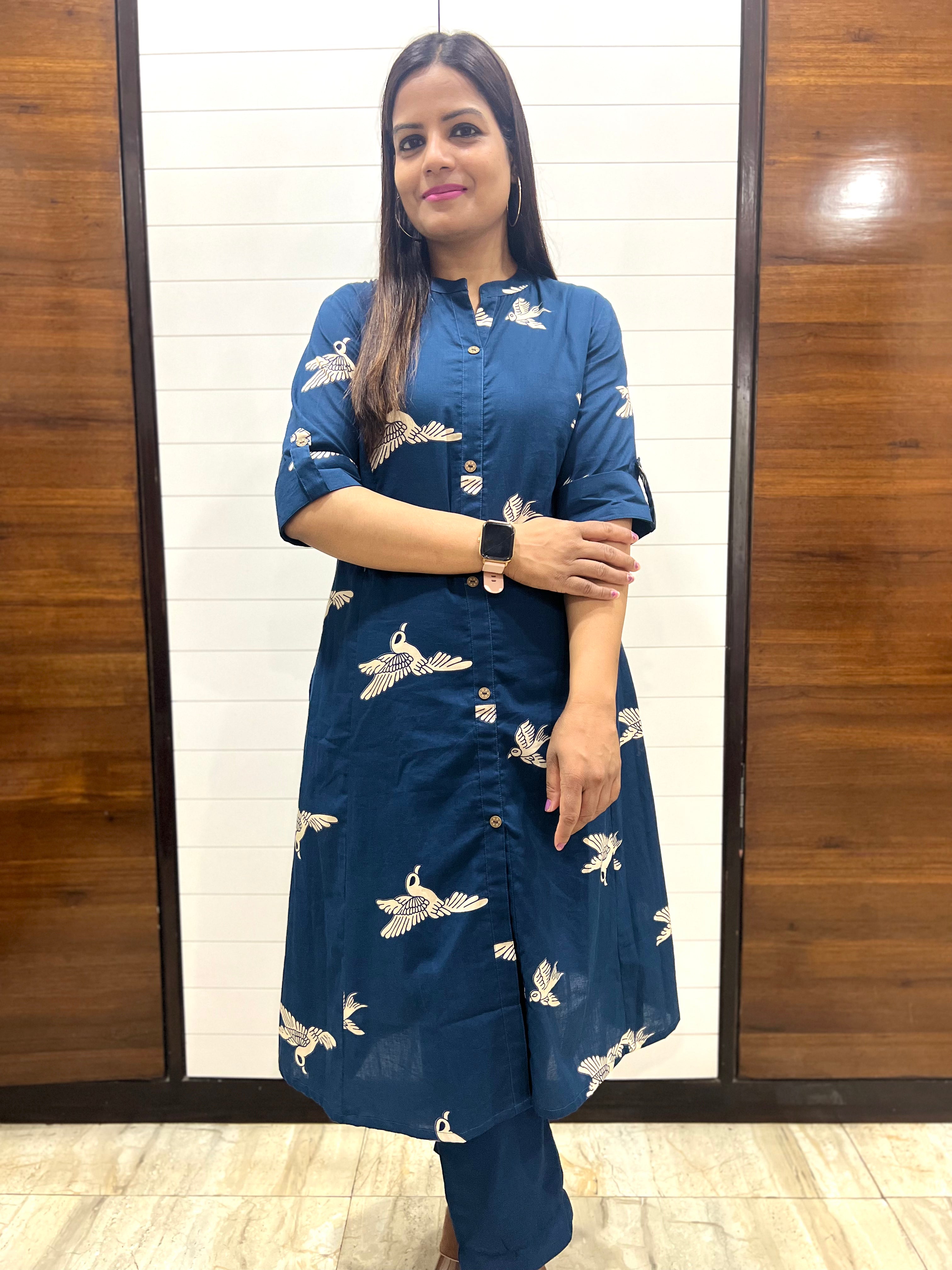 Blue Pure Cotton Printed Feeding Kurta and Pant Set