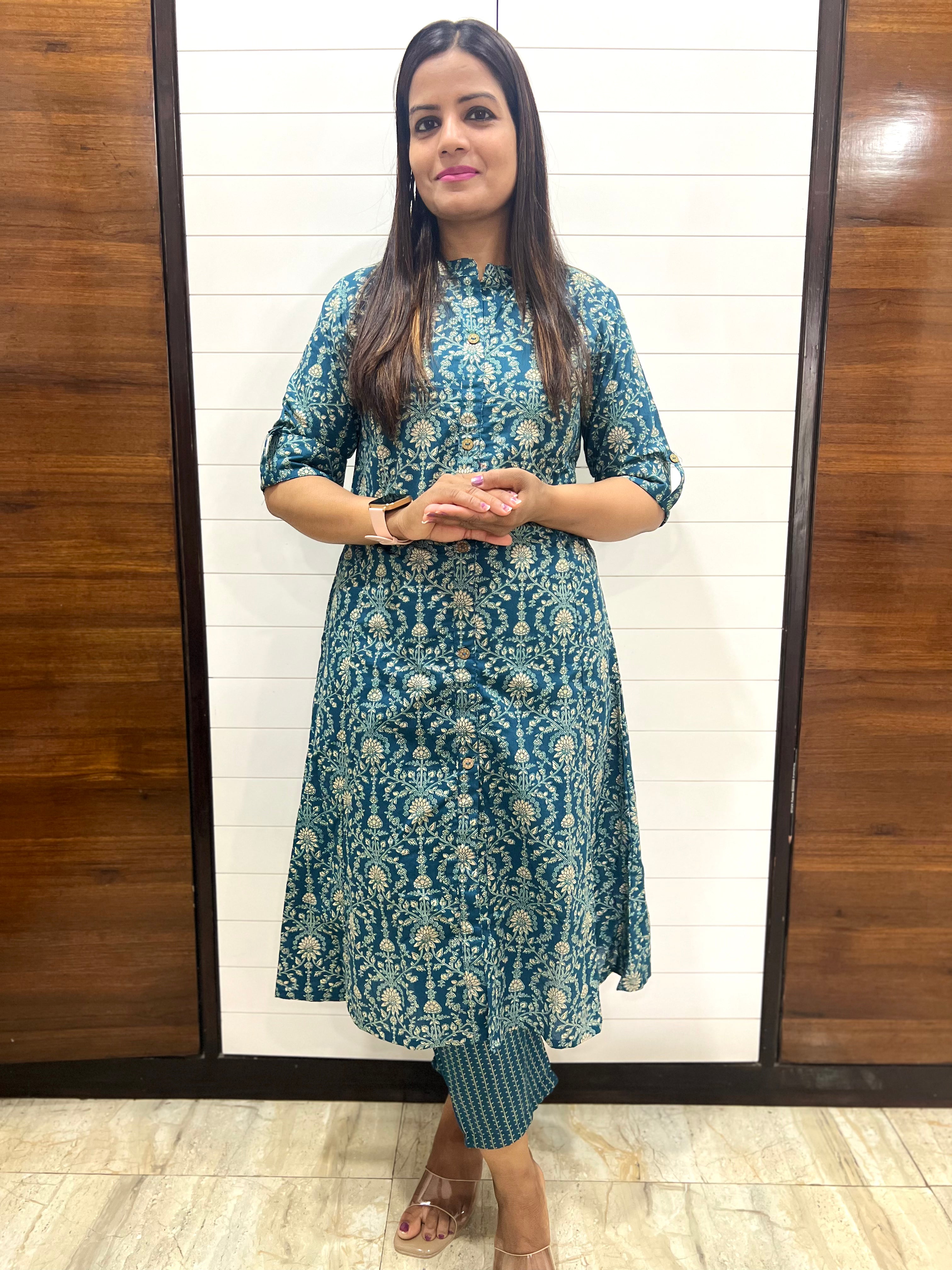 Teal Pure Cotton Printed Feeding A-Line Kurta Pant Set
