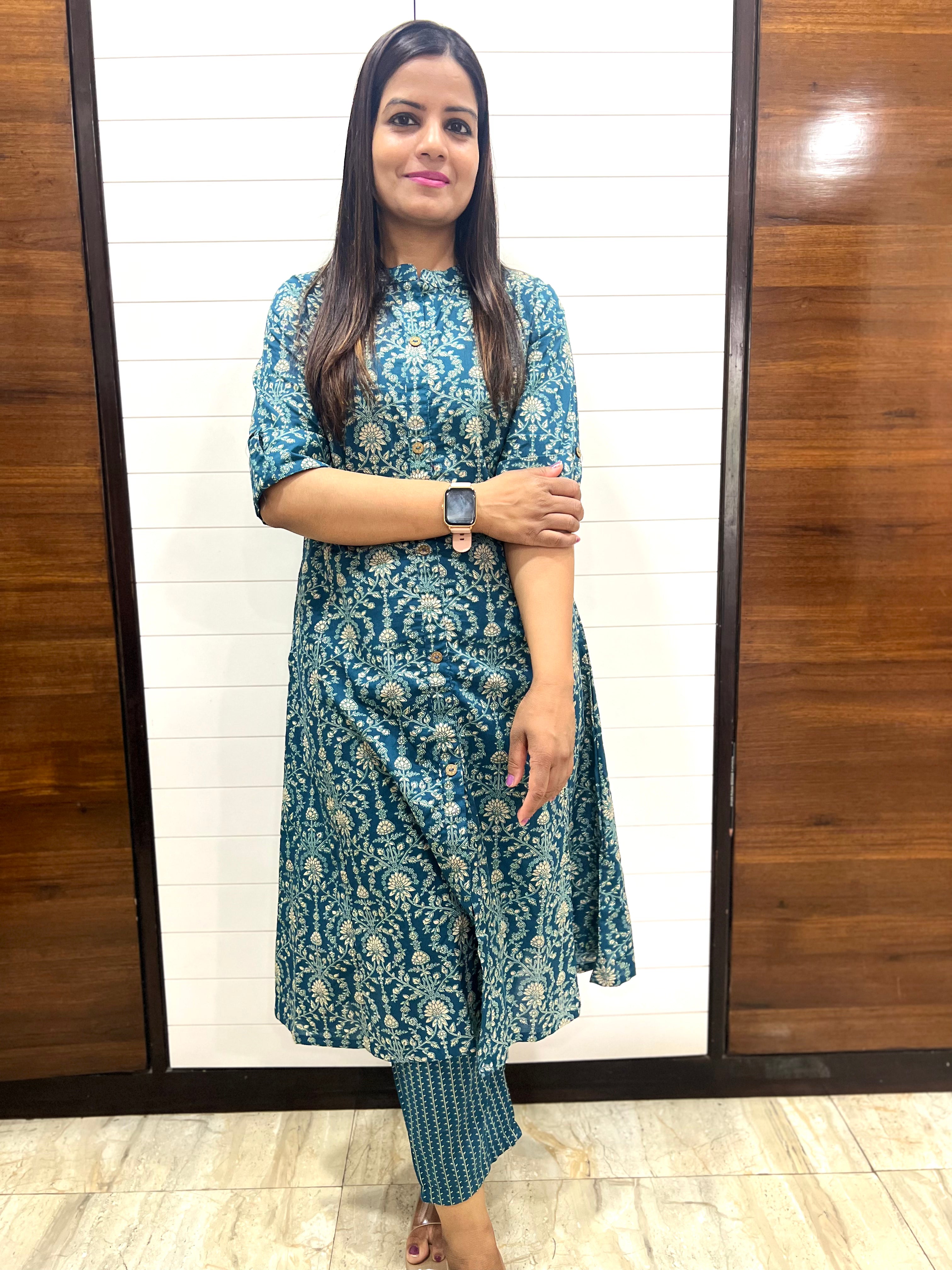 Teal Pure Cotton Printed Feeding A-Line Kurta Pant Set