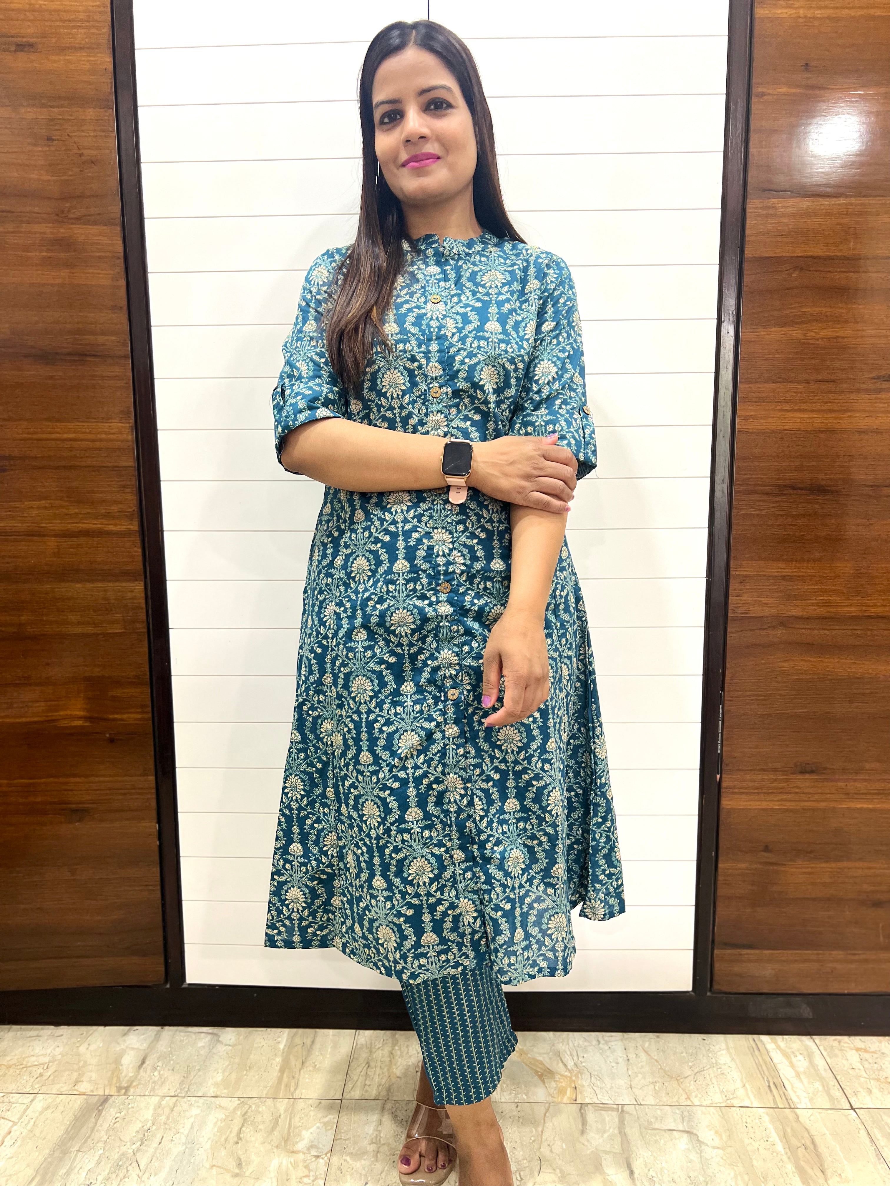 Teal Pure Cotton Printed Feeding A-Line Kurta Pant Set