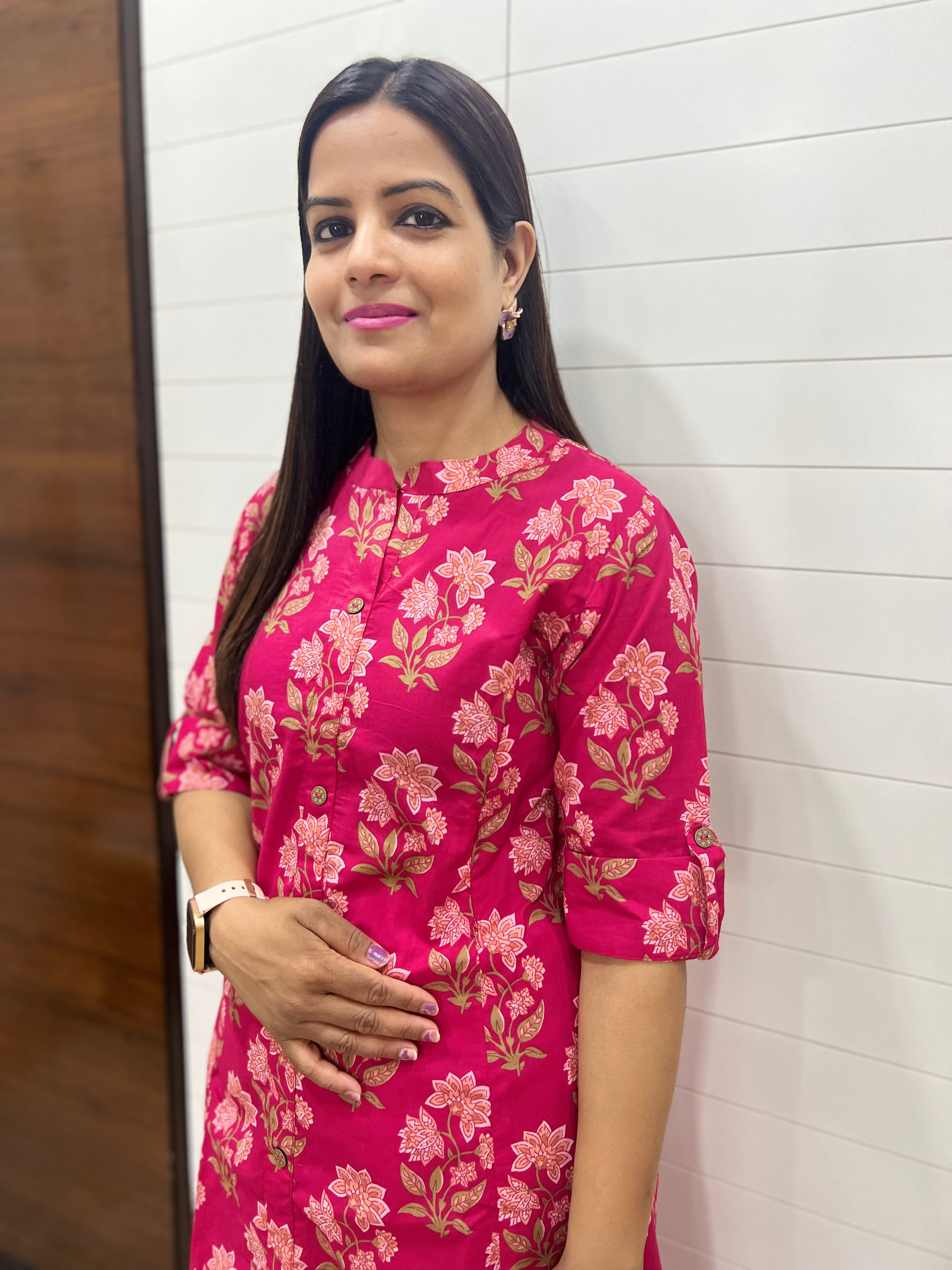 Fuchsia Floral Pure Cotton Printed Feeding Kurta and Pant Set