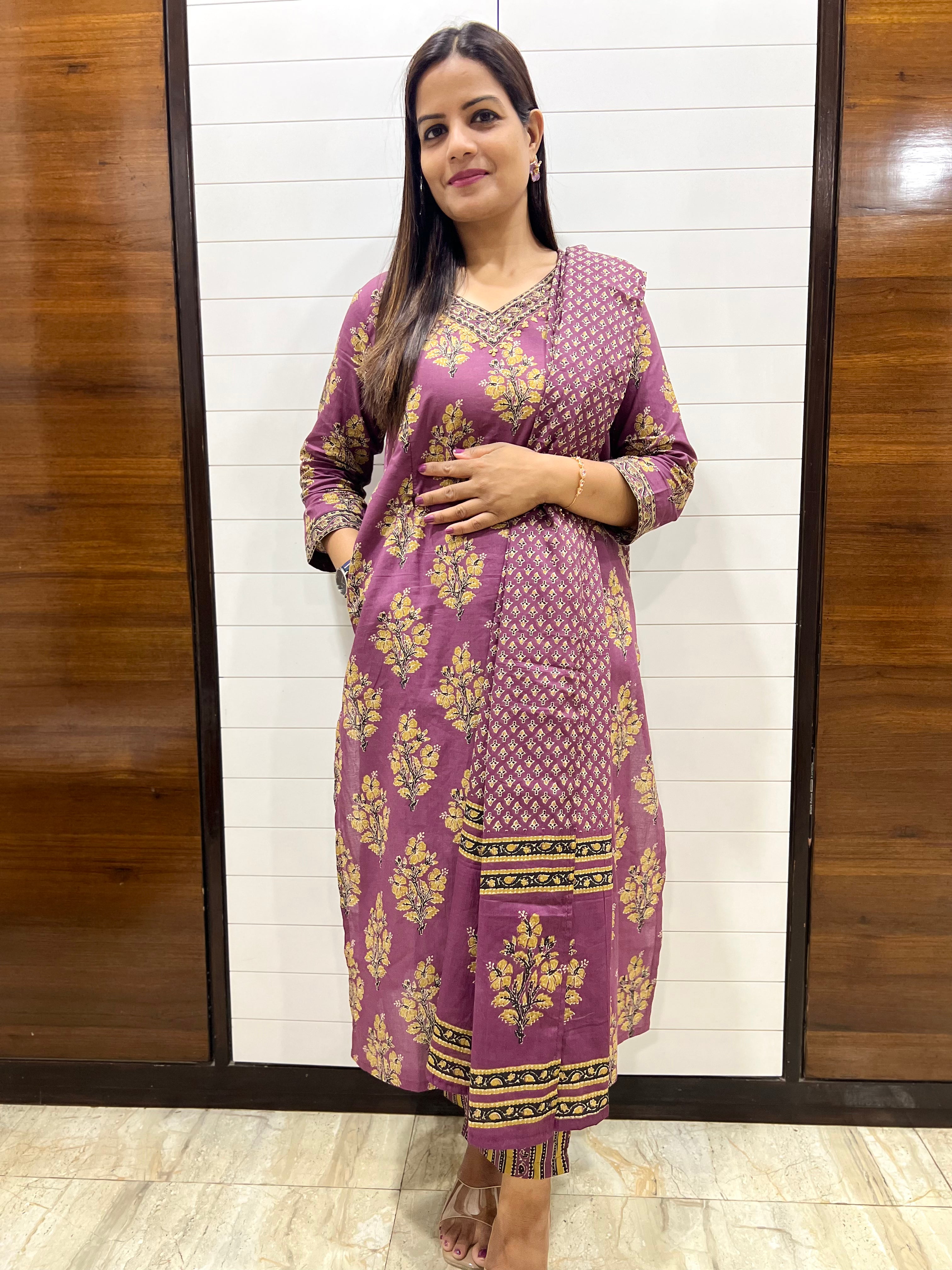 Jaipuri Printed Pure Cotton Feeding Kurta Pant and Dupatta Set