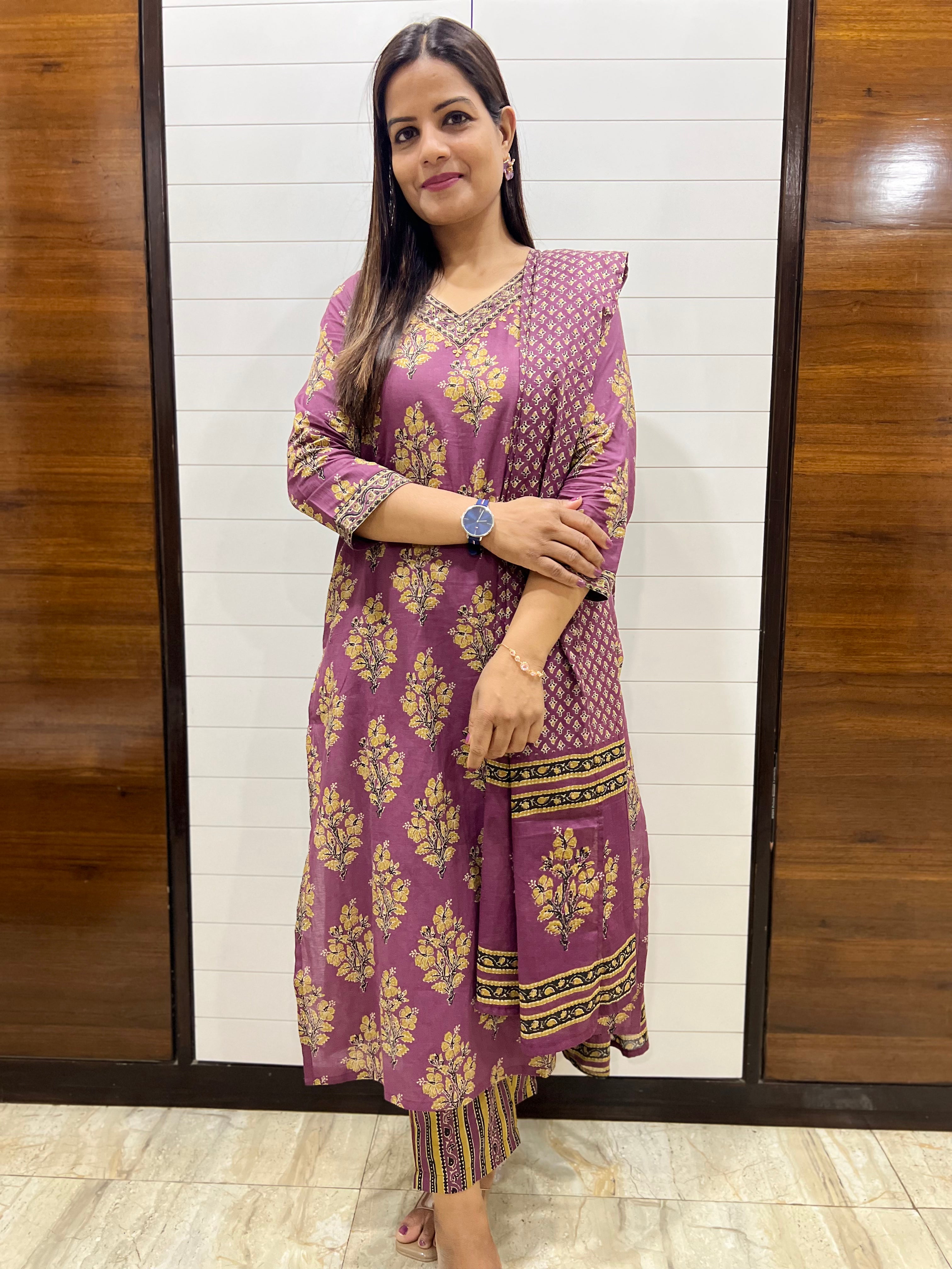 Jaipuri Printed Pure Cotton Feeding Kurta Pant and Dupatta Set