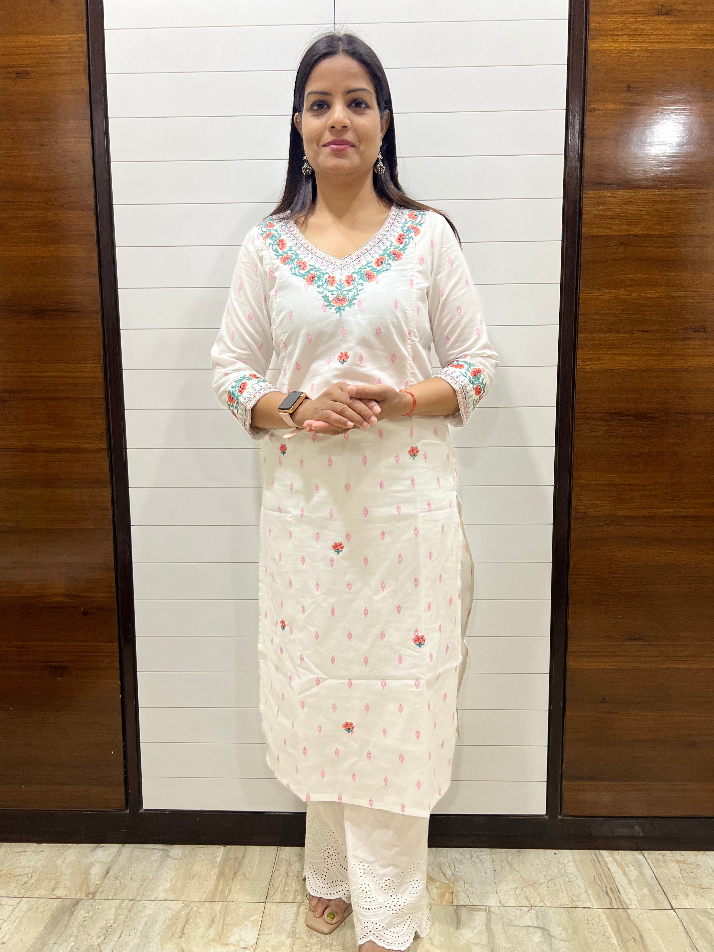 mumzhug white pure cotton embroidered feeding kurta with attached lining