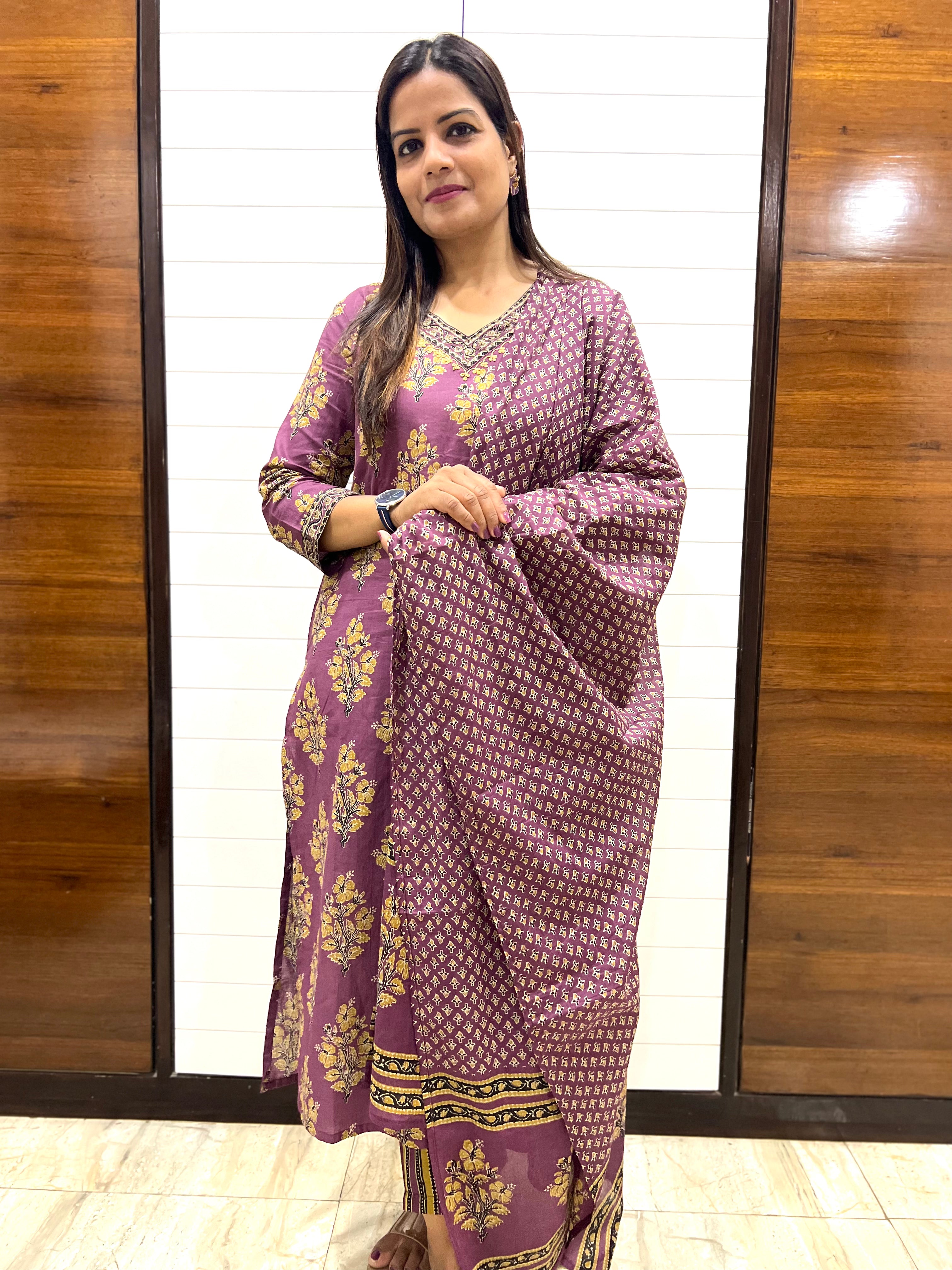 Jaipuri Printed Pure Cotton Feeding Kurta Pant and Dupatta Set
