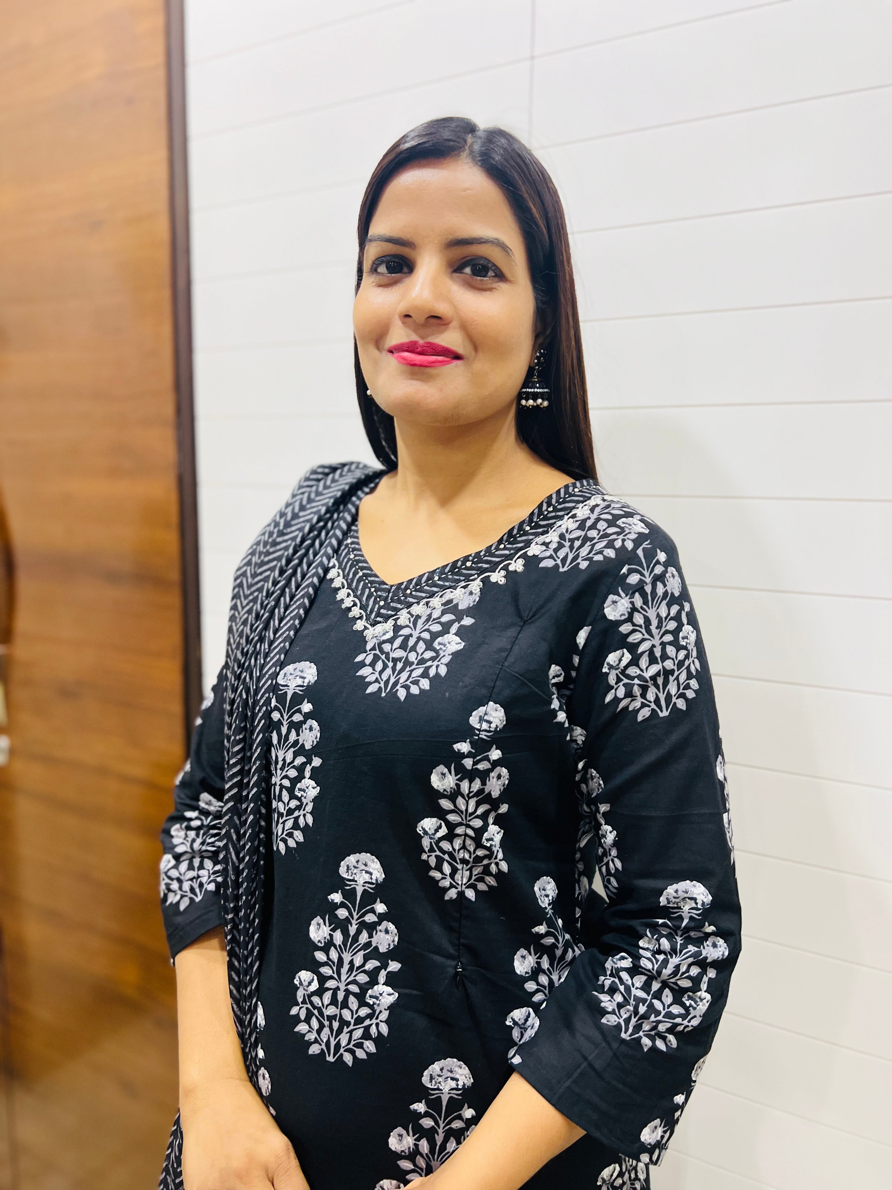 Black Jaipuri Print Pure Cotton Feeding Kurta Pant with Printed Dupatta