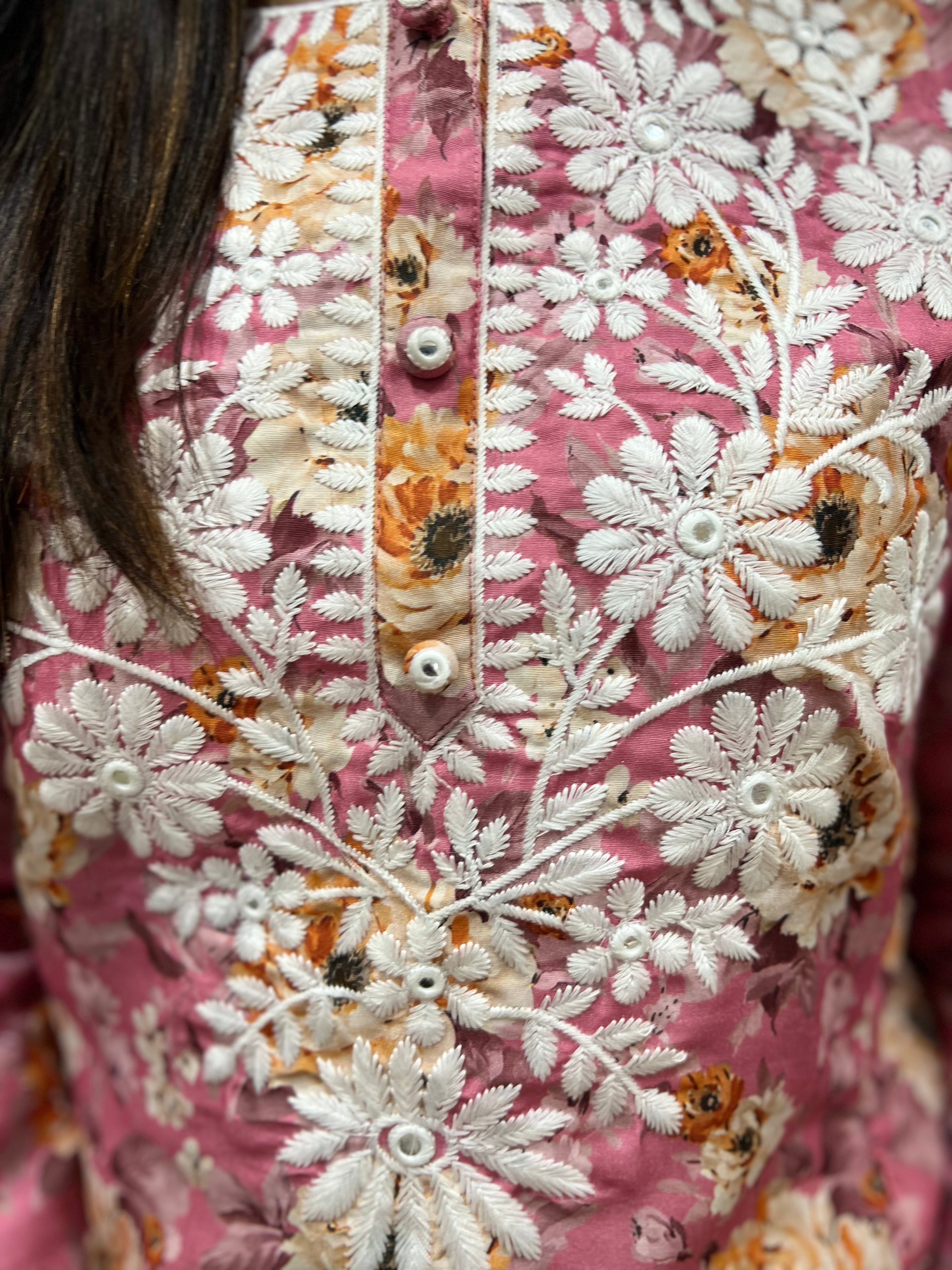 Pink  Cotton Blend Embroidered Feeding Kurta and Pant Set