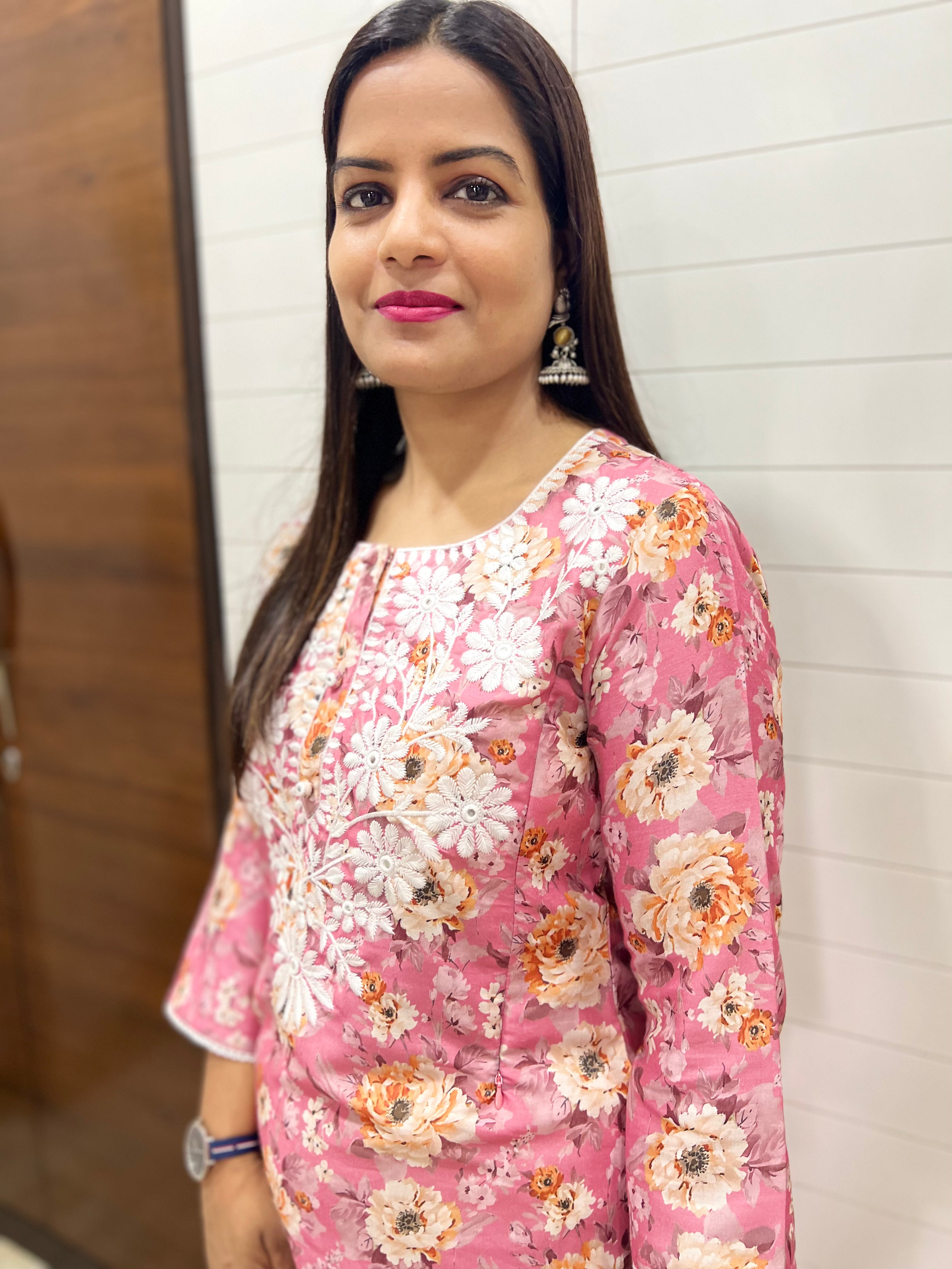 Pink  Cotton Blend Embroidered Feeding Kurta and Pant Set