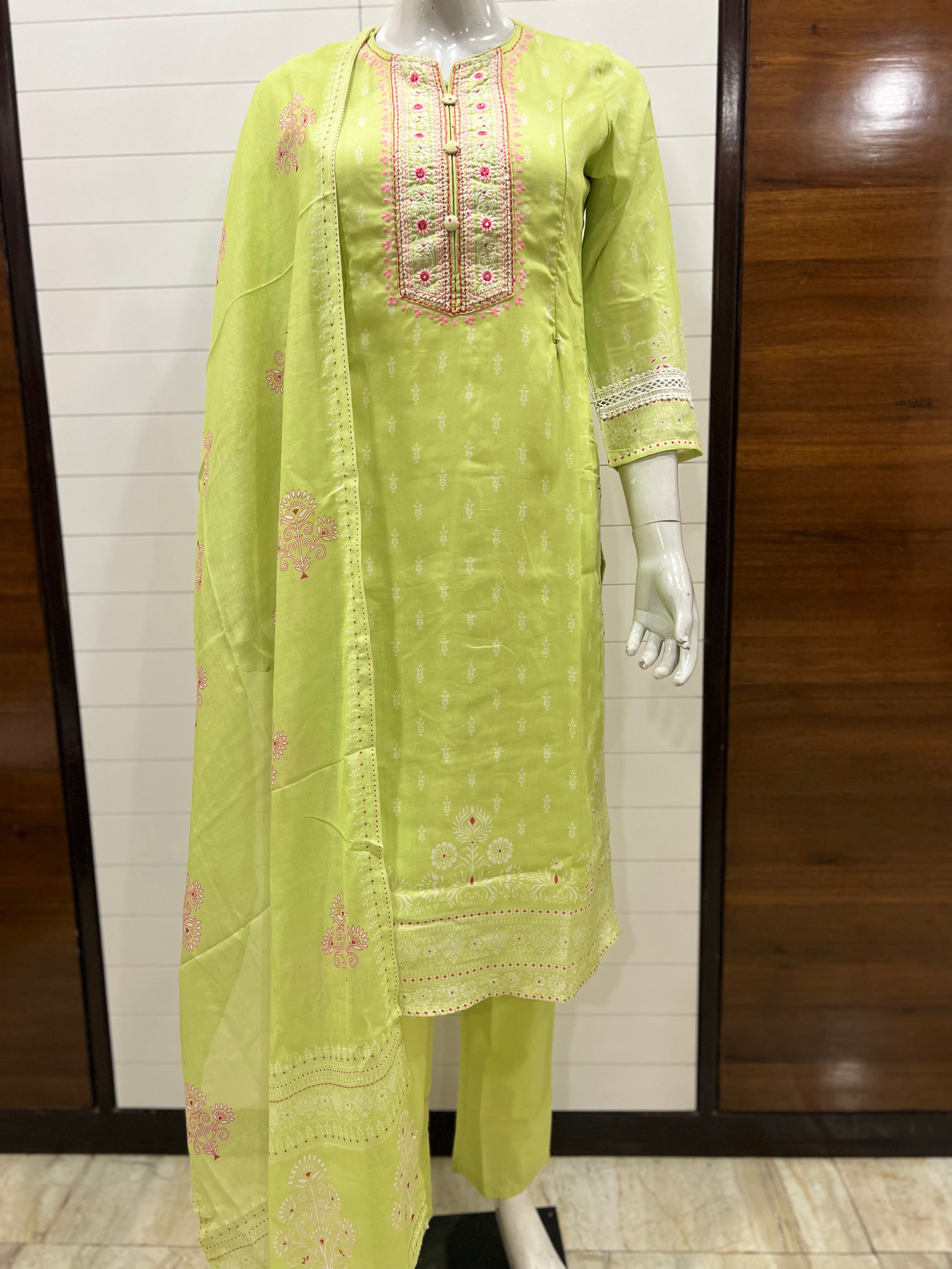 Pista Blend Cotton Embroidered Feeding Kurta Pant and Dupatta with Attached Lining
