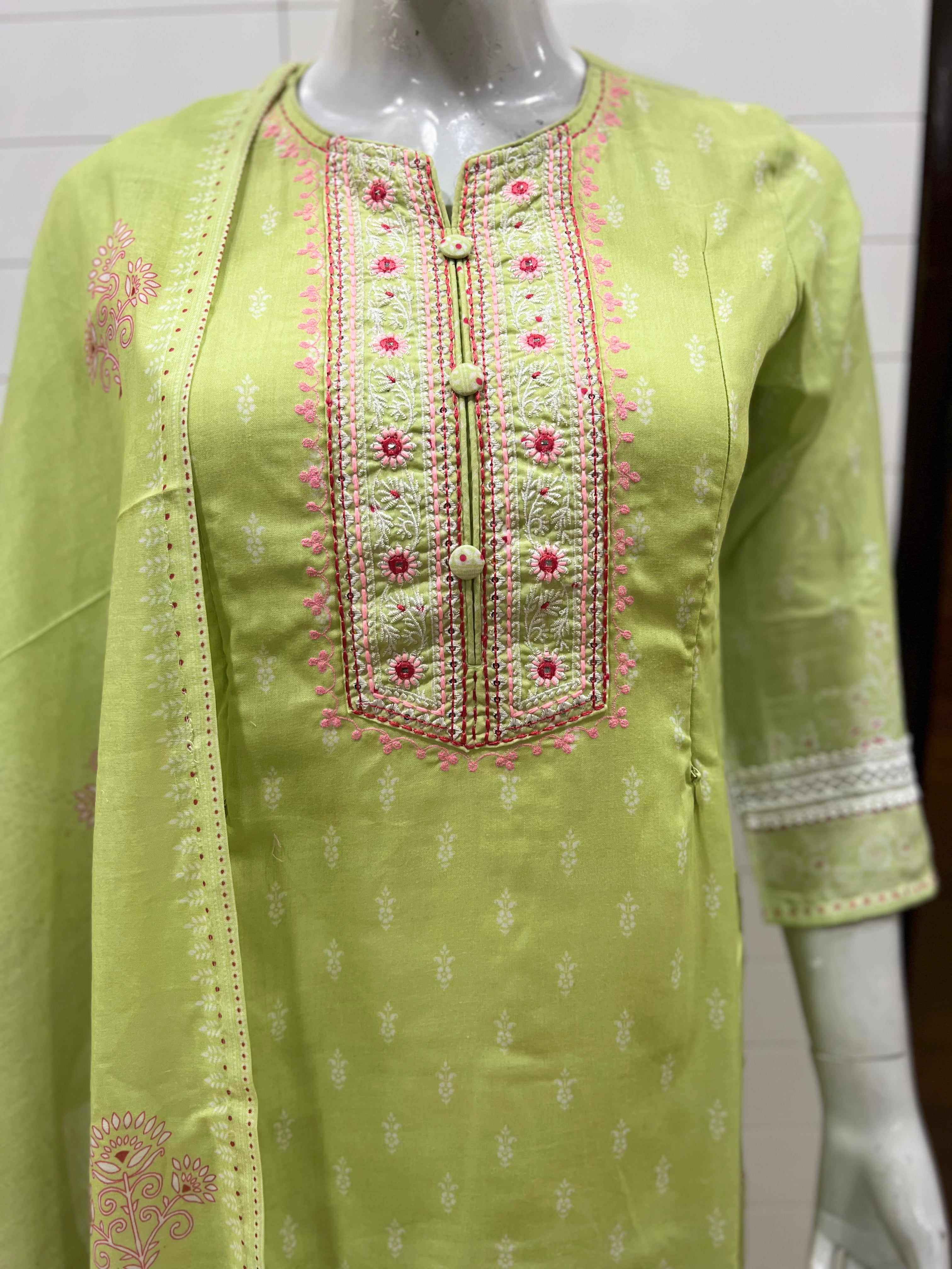 Pista Blend Cotton Embroidered Feeding Kurta Pant and Dupatta with Attached Lining