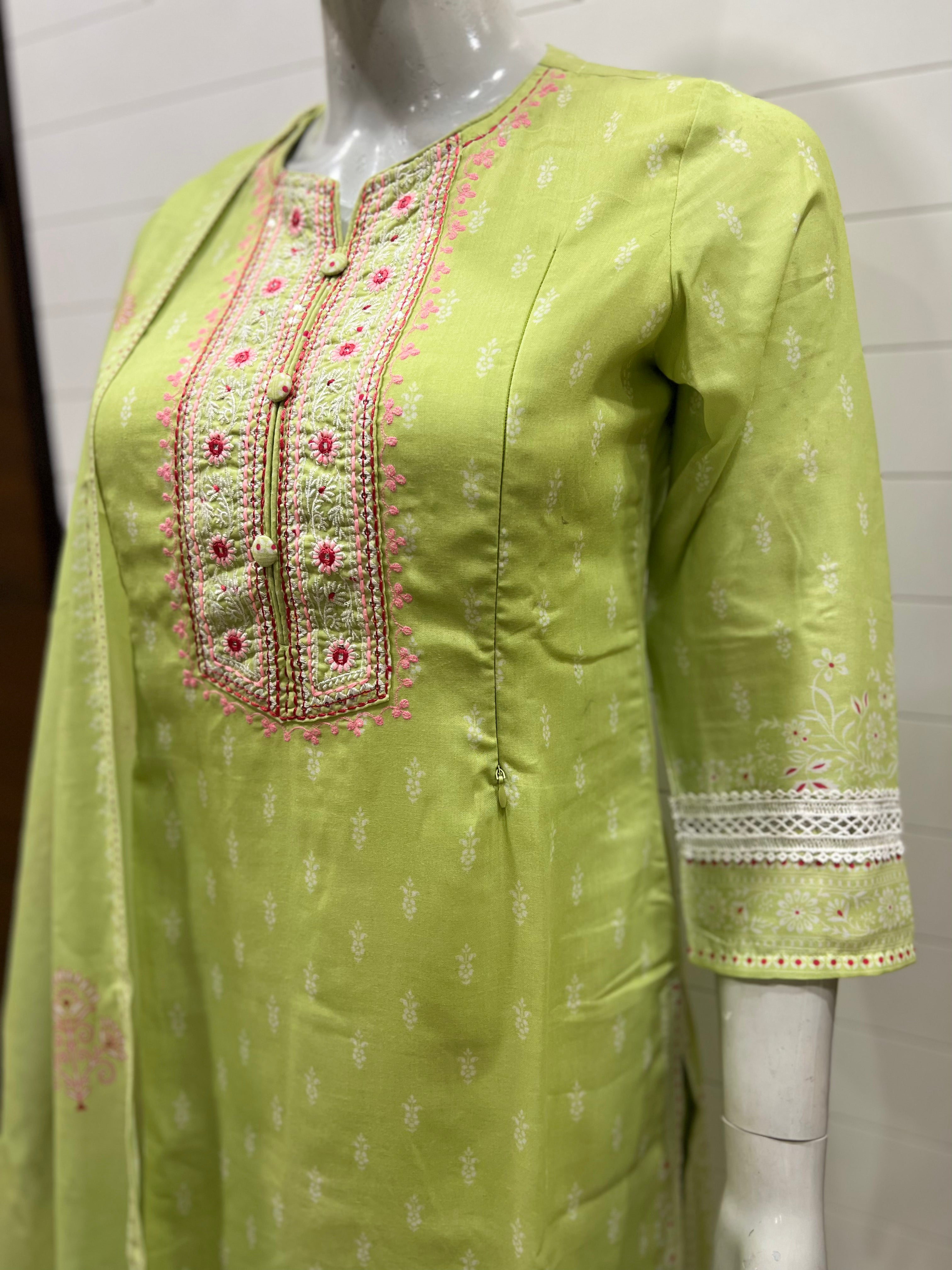 Pista Blend Cotton Embroidered Feeding Kurta Pant and Dupatta with Attached Lining