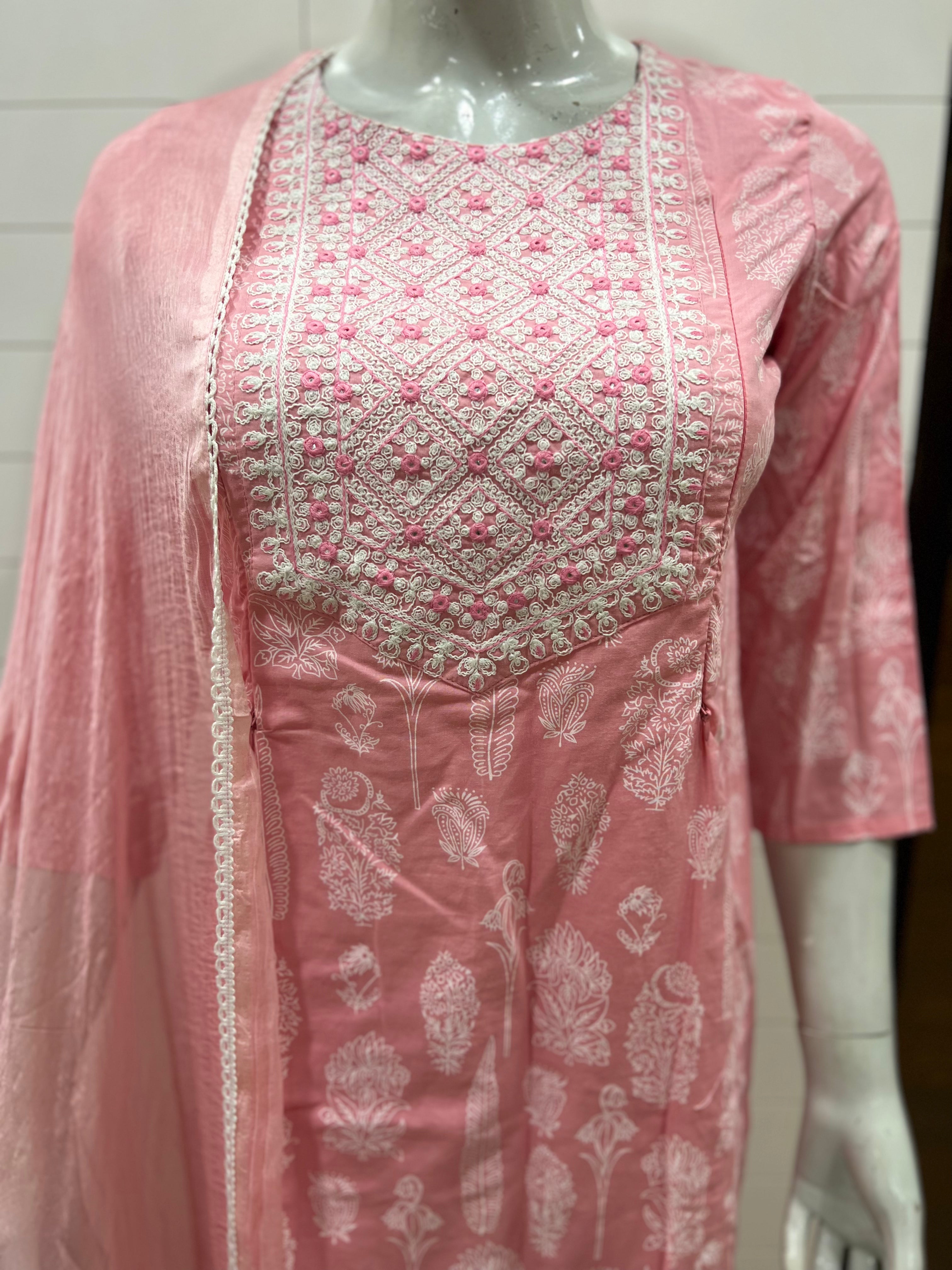 Cotton  Dori Embroided Kurta With  Pant And Chiffon Dupatta For Maternity And Feeding Purpose