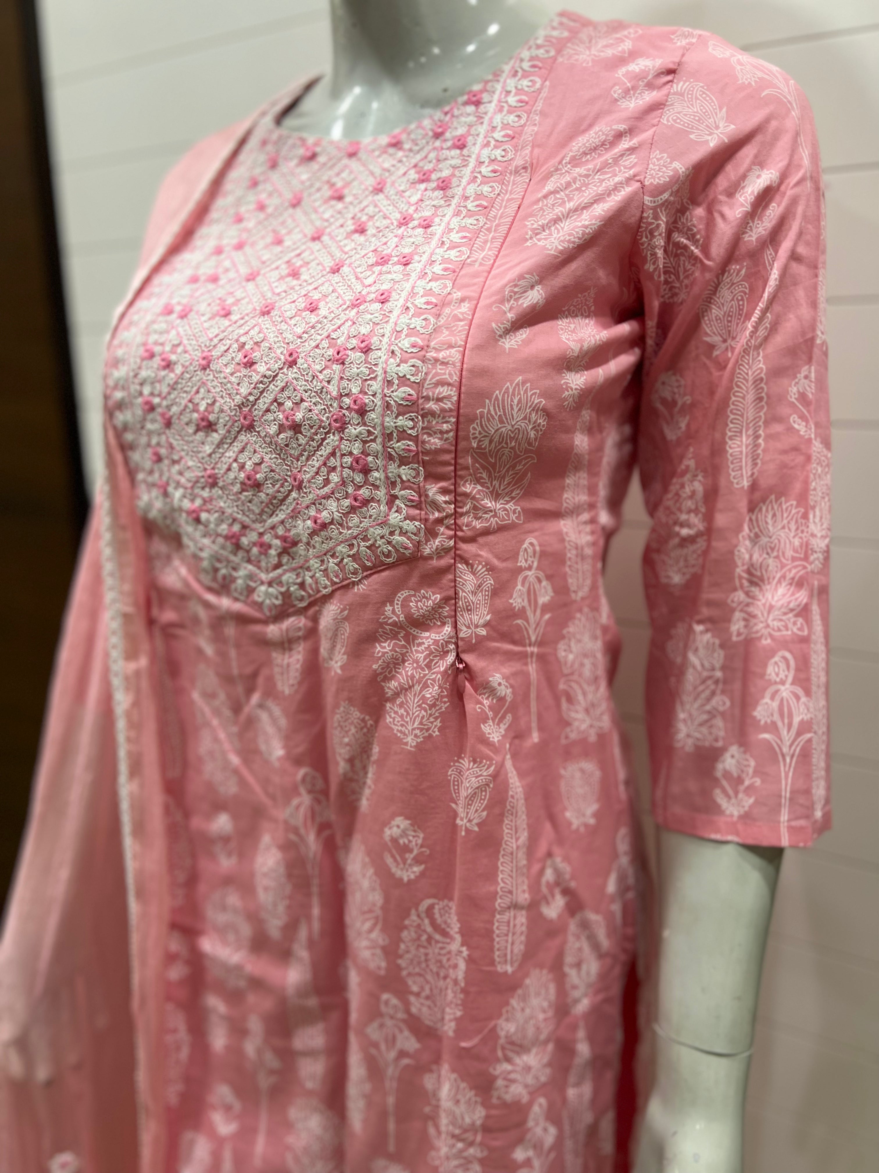 Cotton  Dori Embroided Kurta With  Pant And Chiffon Dupatta For Maternity And Feeding Purpose