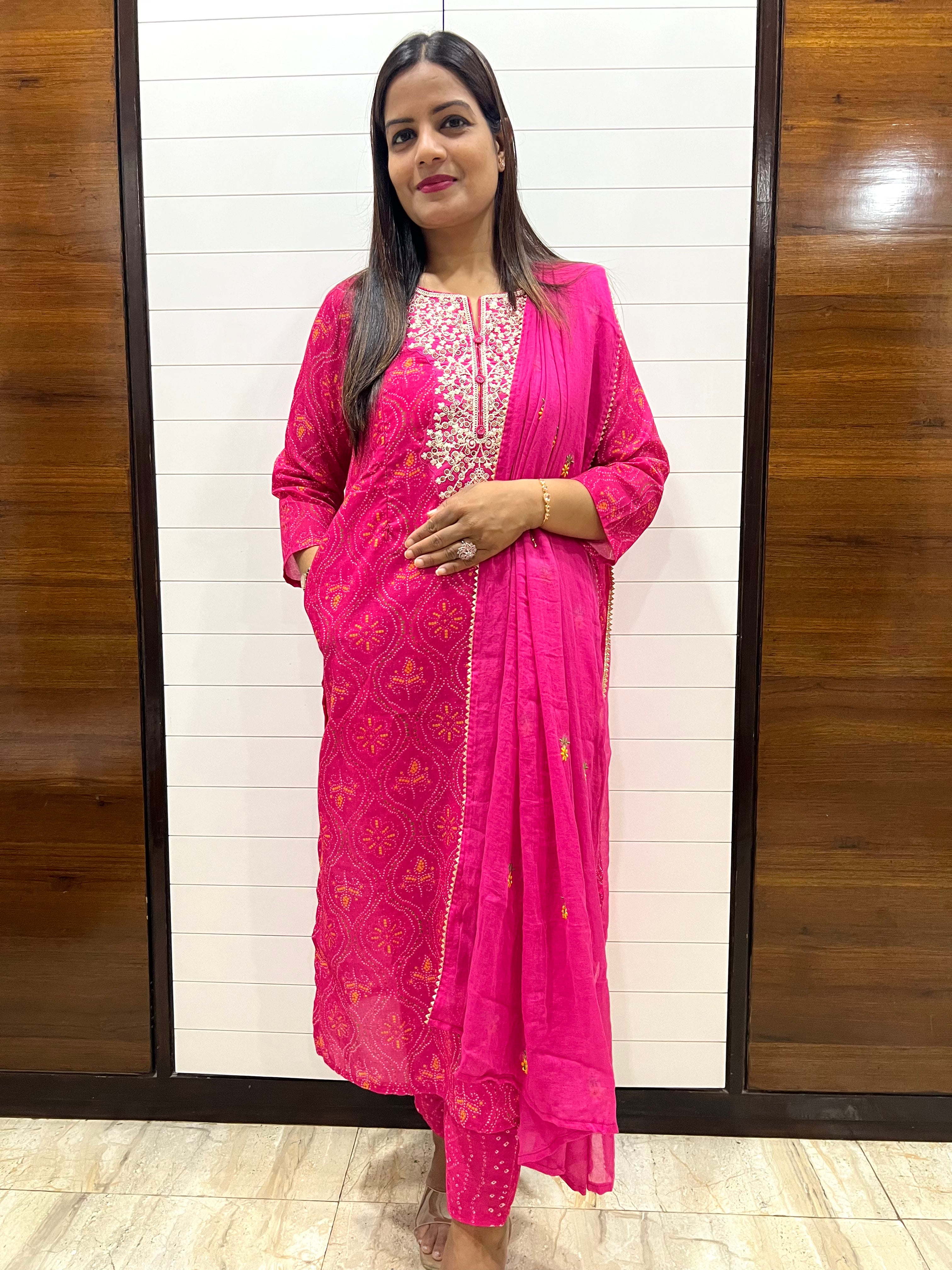 Fuchsia Blend Cotton Embroidered Feeding Kurta Pant and Embroidered Dupatta with Attached Lining