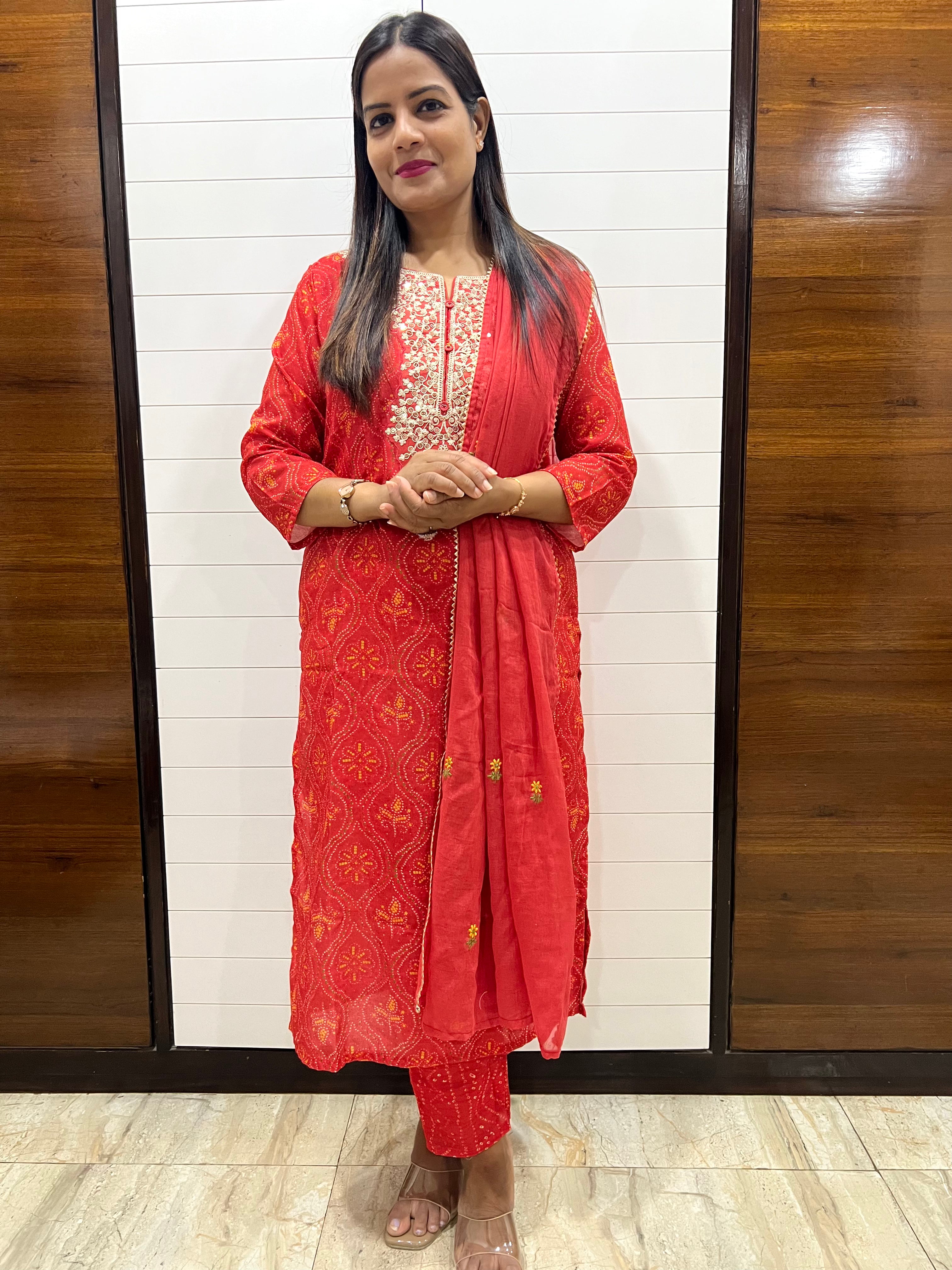 Red Blend Cotton Embroidered Feeding Kurta Pant and Embroidered Dupatta with Attached Lining