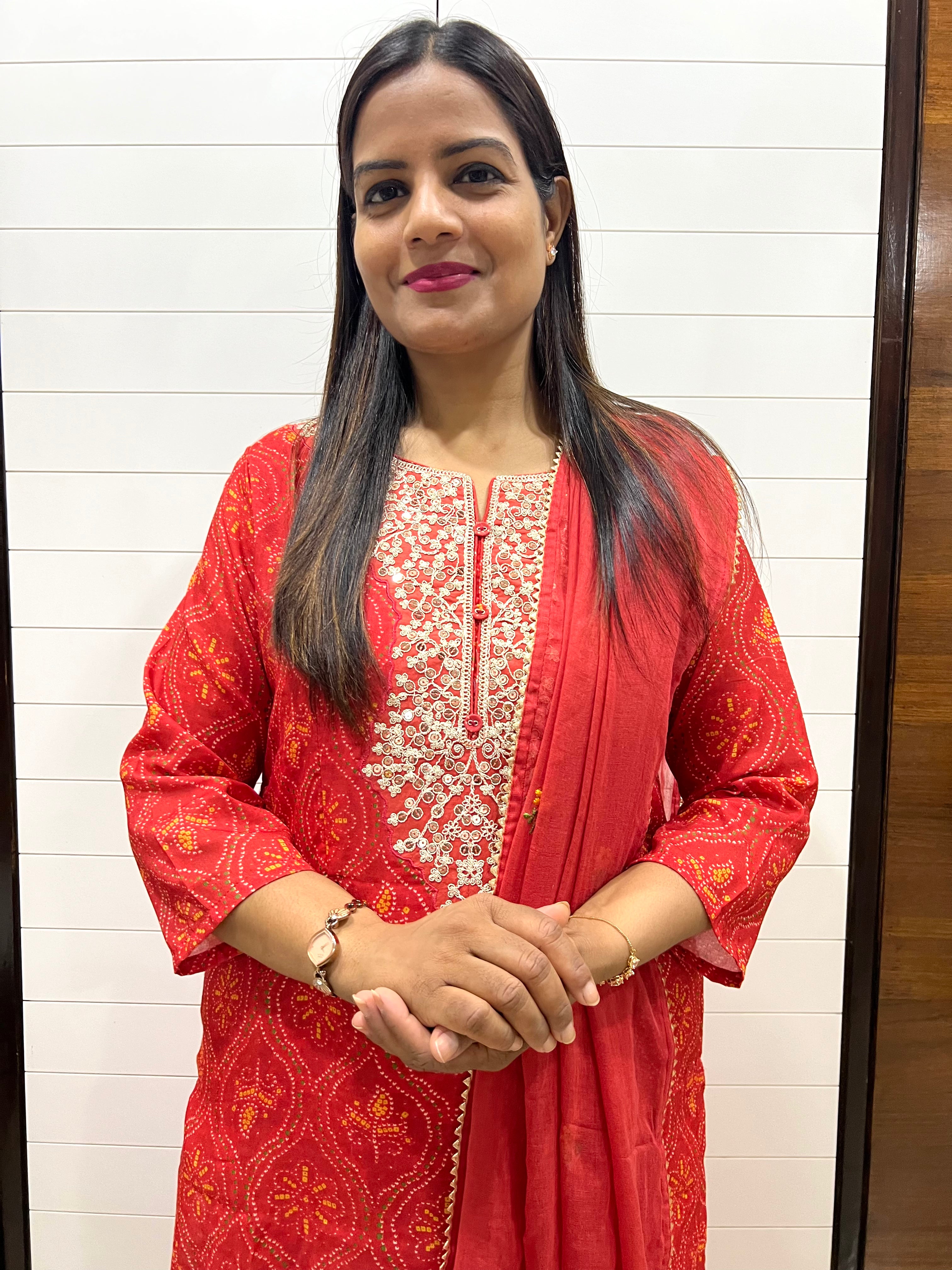 Red Blend Cotton Embroidered Feeding Kurta Pant and Embroidered Dupatta with Attached Lining