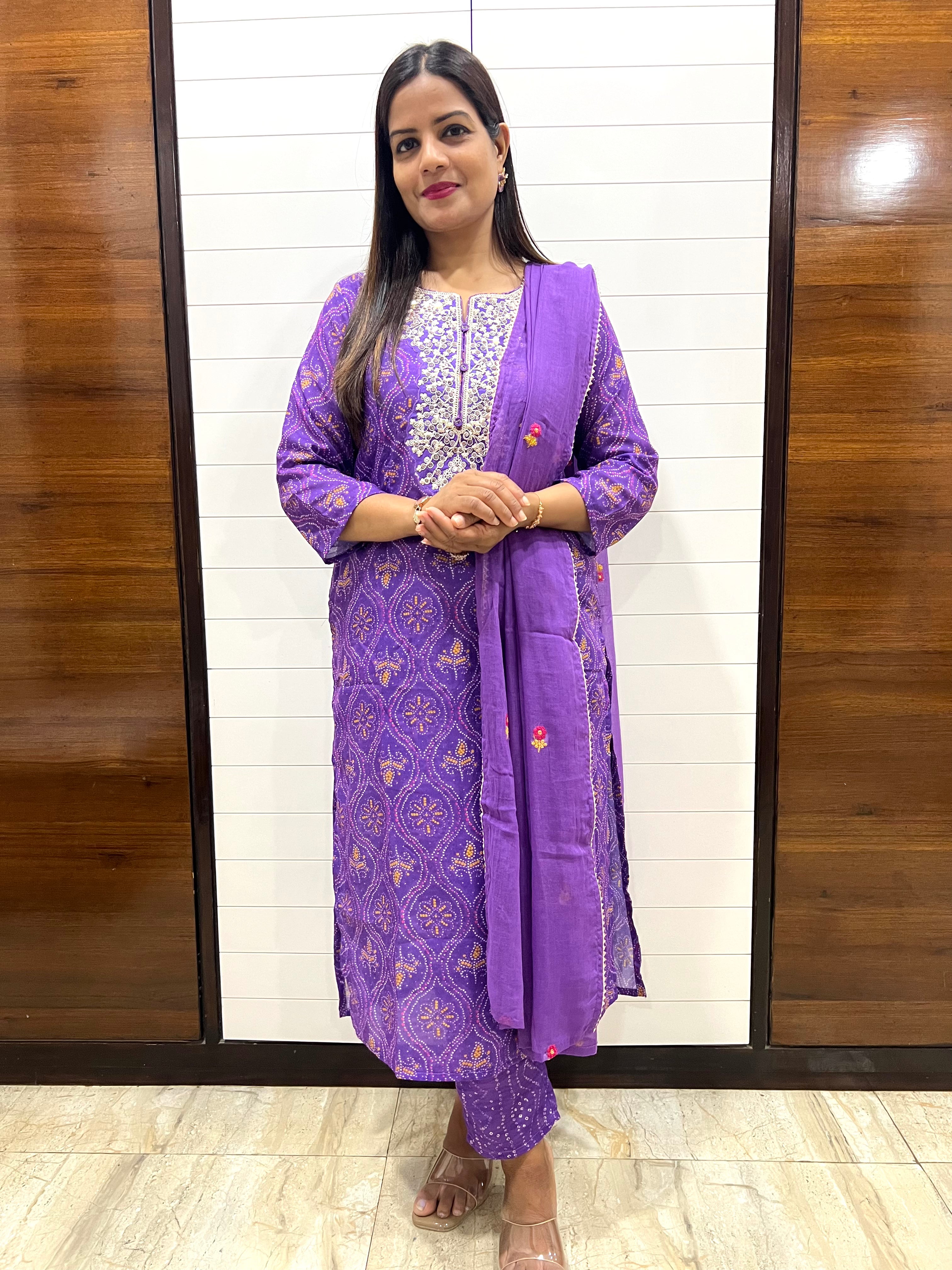 Purple Blend Cotton Embroidered Feeding Kurta Pant and Embroidered Dupatta with Attached Lining