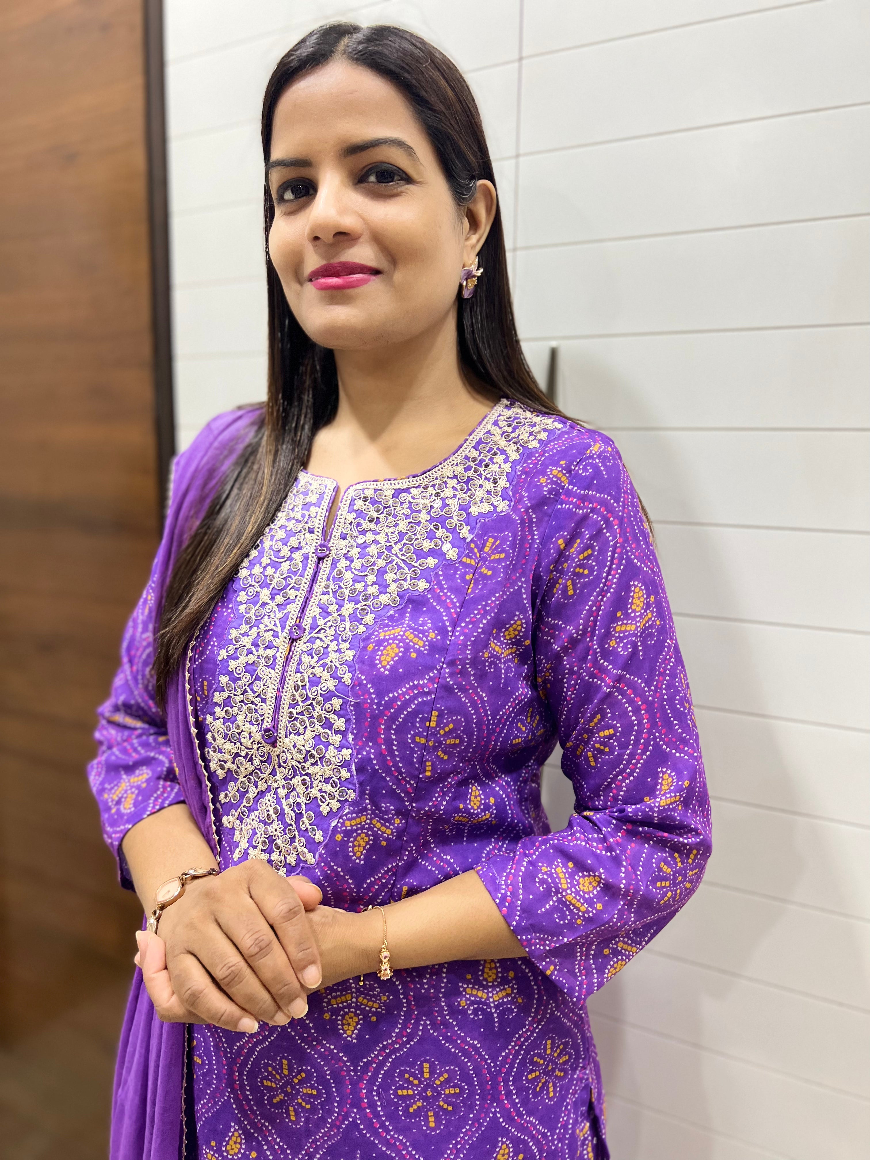 Purple Blend Cotton Embroidered Feeding Kurta Pant and Embroidered Dupatta with Attached Lining