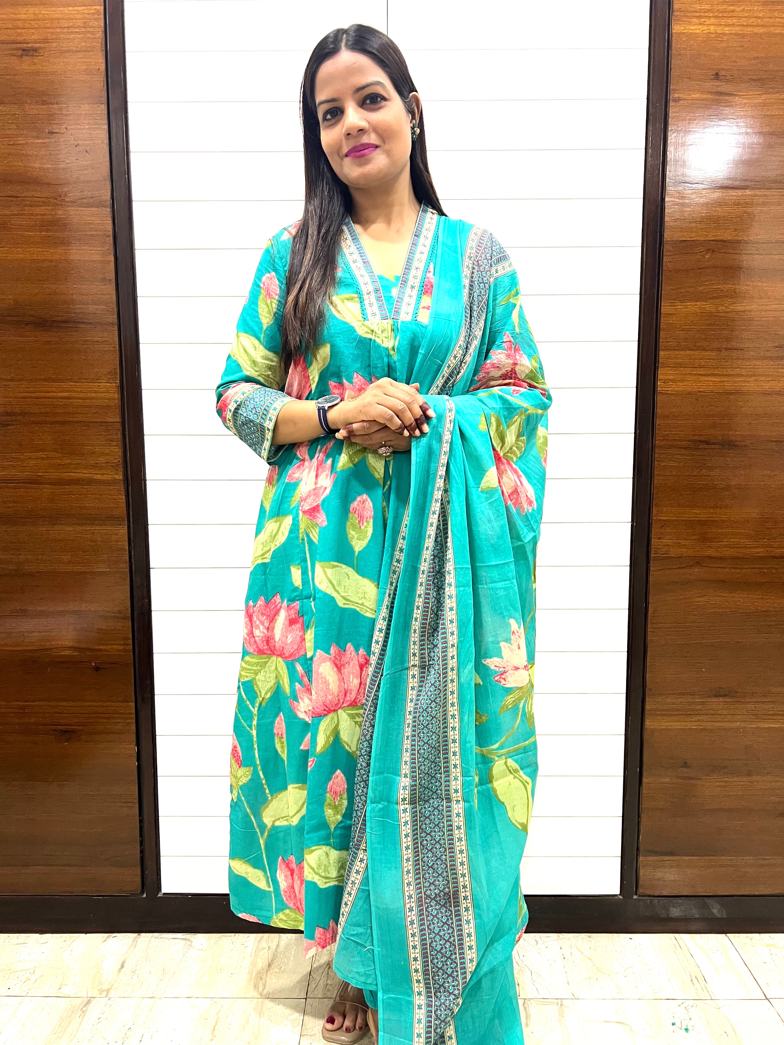 Rama Green Pure Cotton Feeding and Maternity Kurta Pant and Dupatta Set