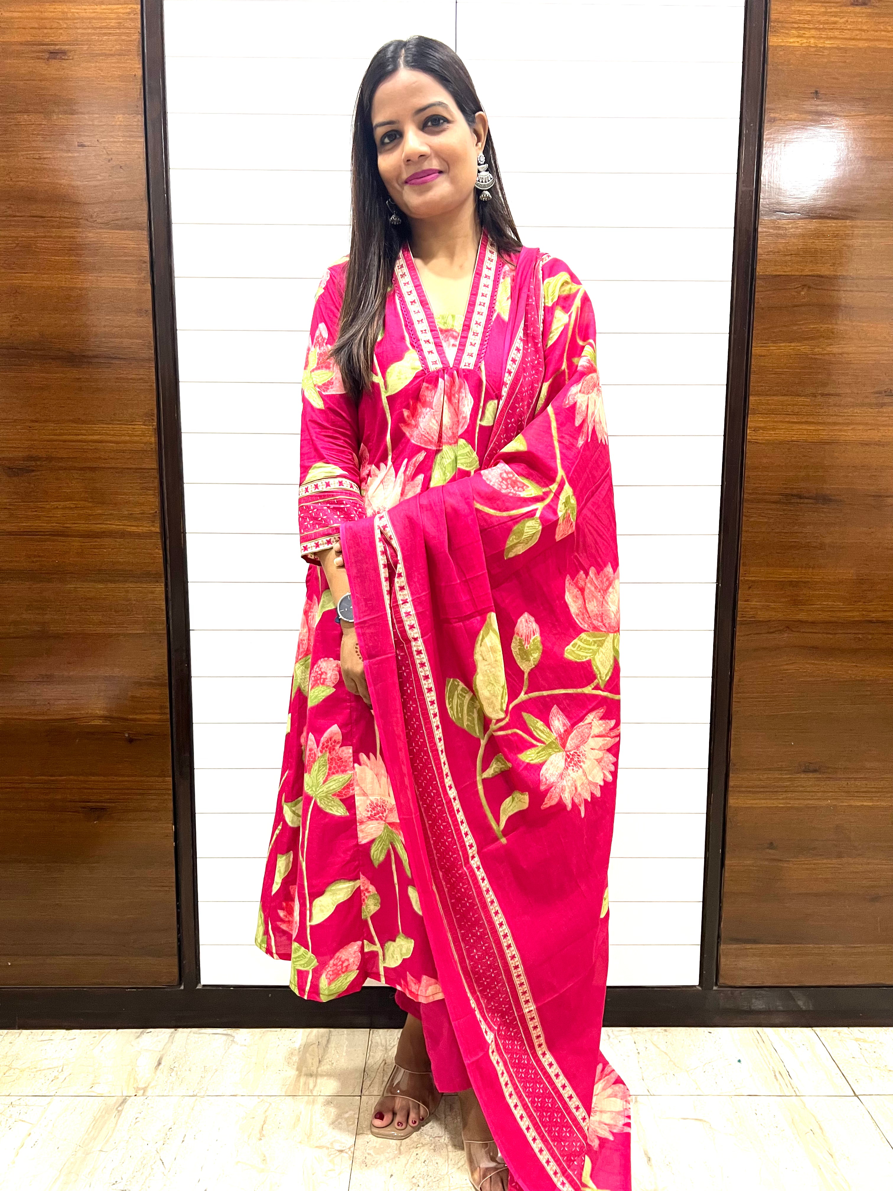 Fuchsia Pure Cotton Feeding and Maternity Kurta Pant and Dupatta Set