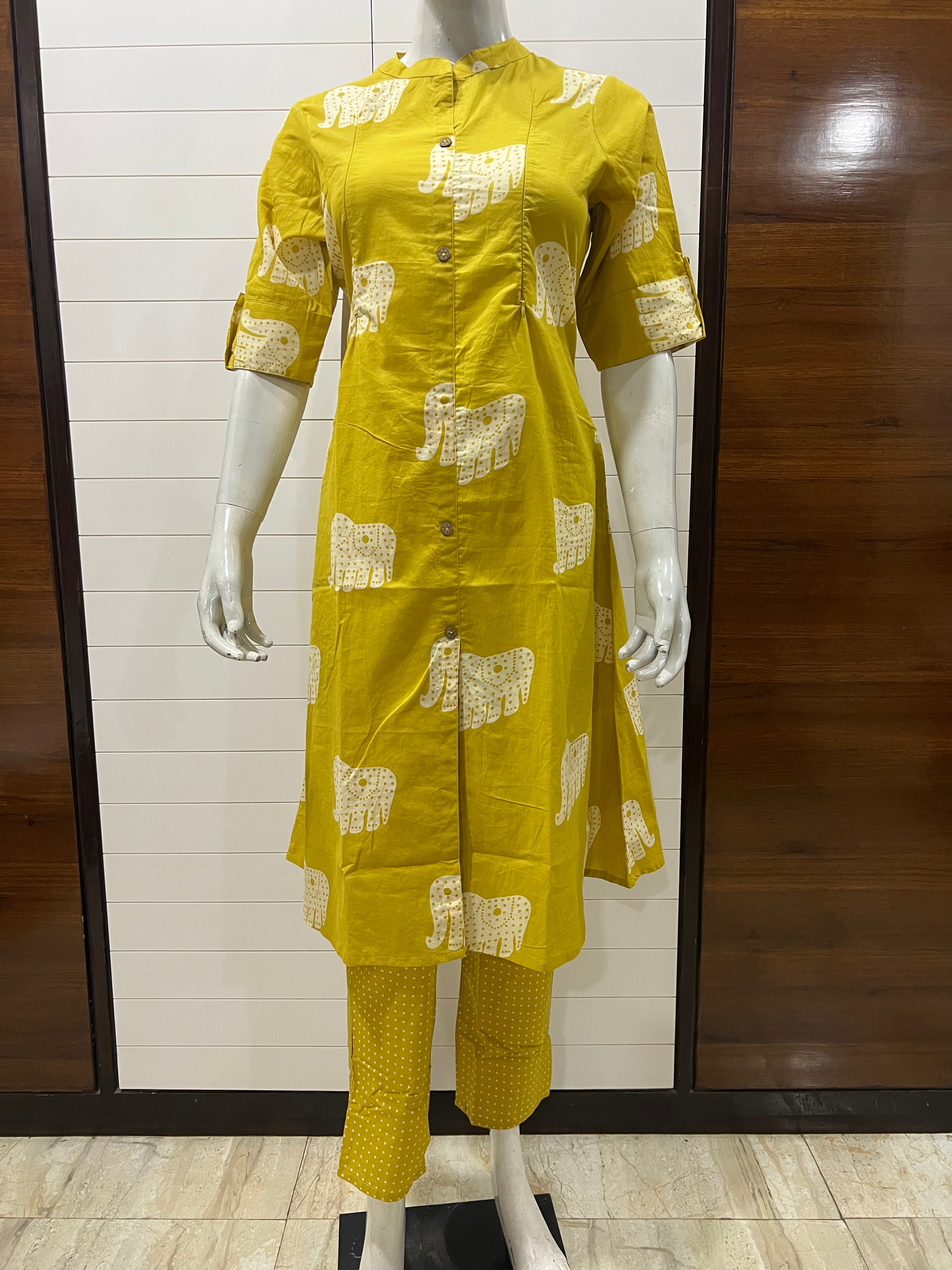 Yellow Pure Cotton Printed Feeding A-Line Kurta Pant Set