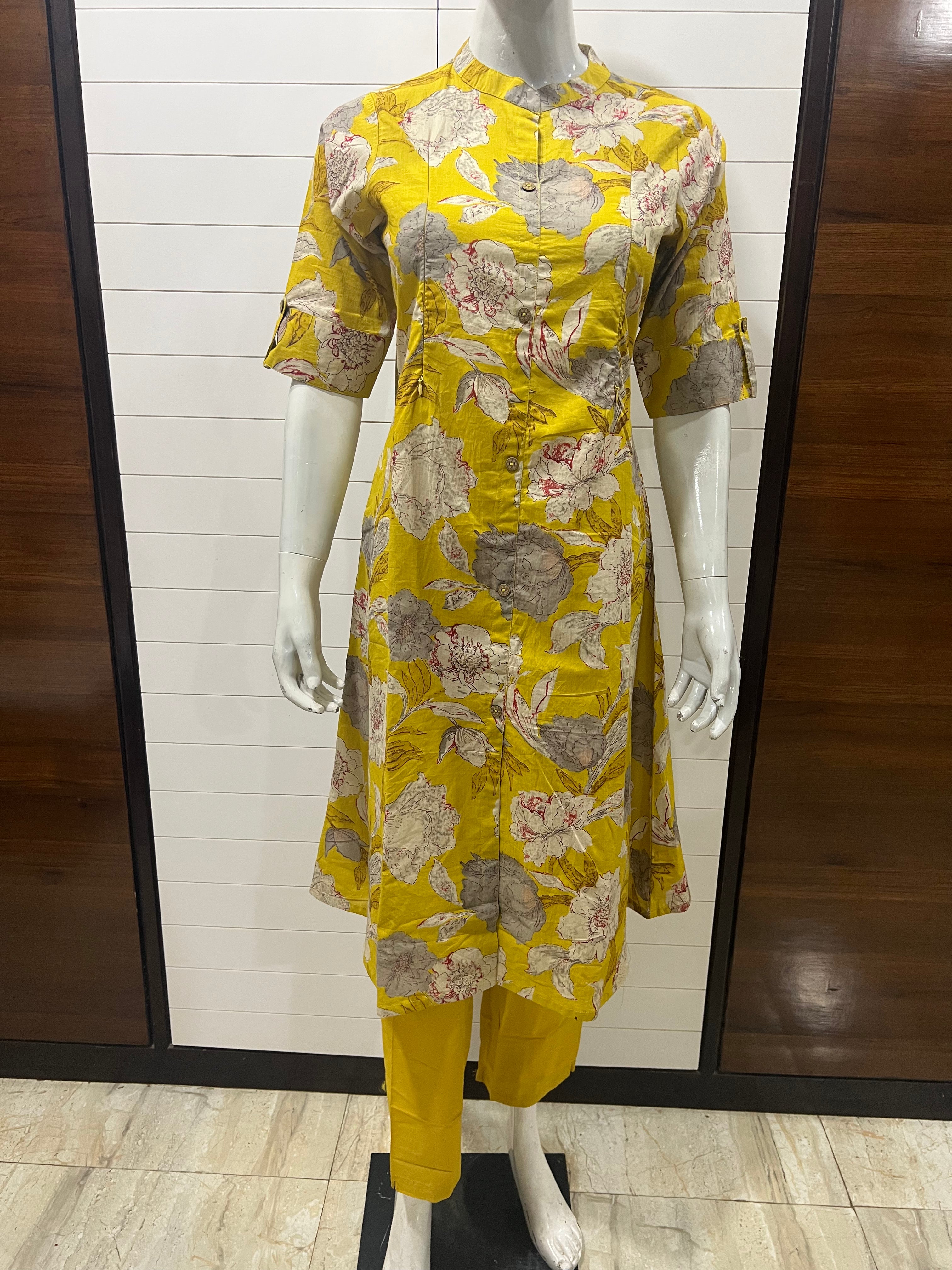 Yellow flower Pure Cotton Printed Feeding A-Line Kurta Pant Set