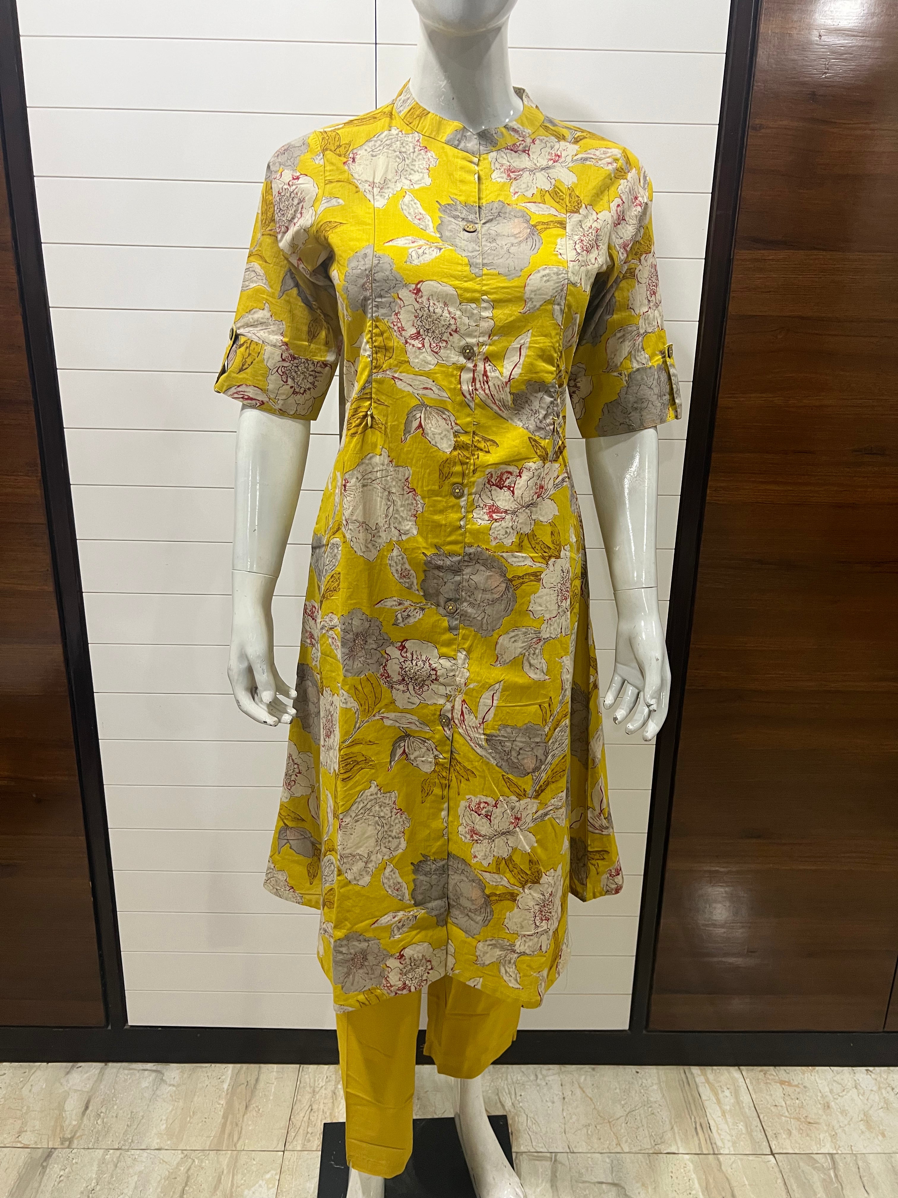 Yellow flower Pure Cotton Printed Feeding A-Line Kurta Pant Set