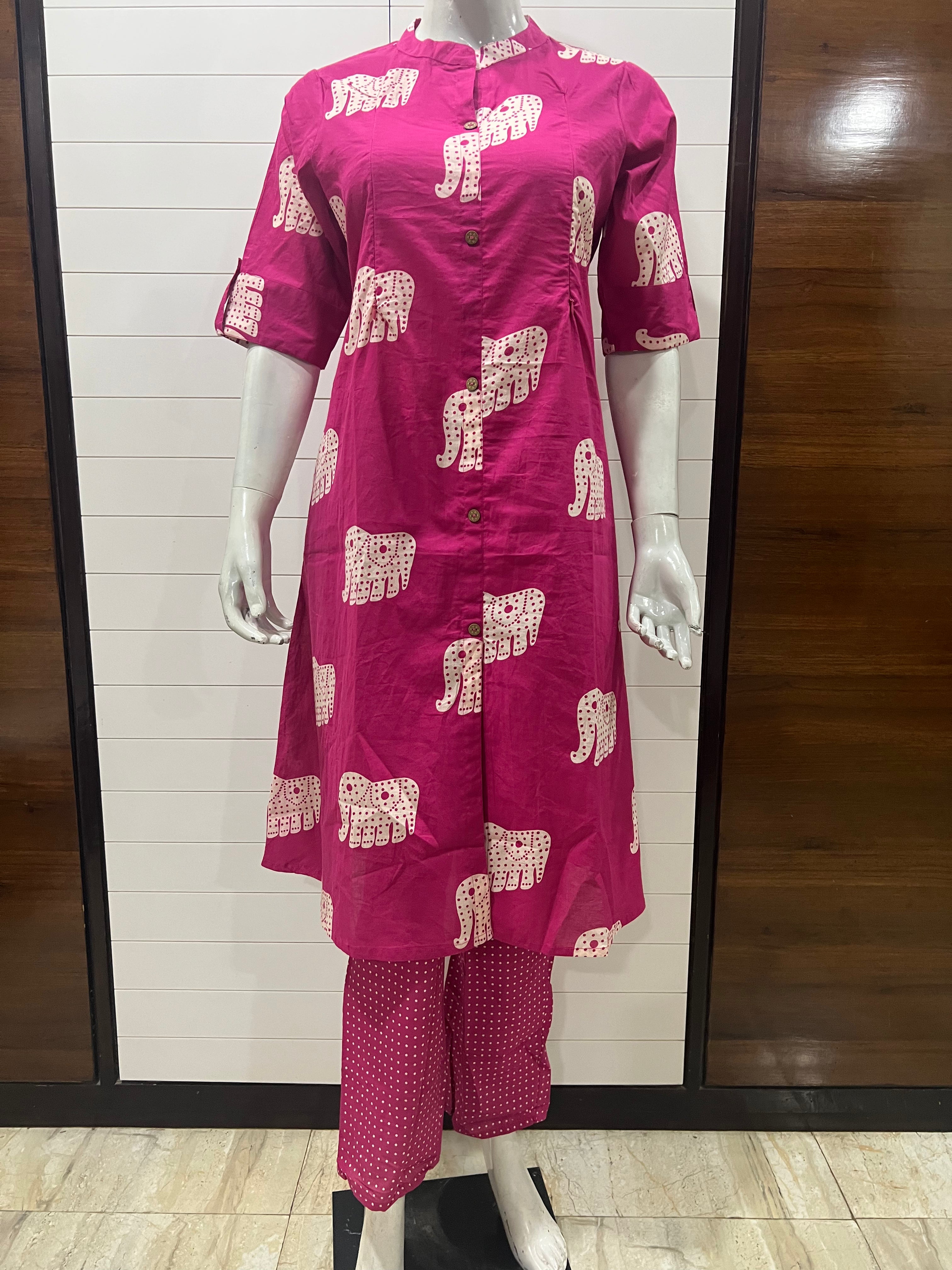 Fuchsia Pure Cotton Printed Feeding A-Line Kurta Pant Set