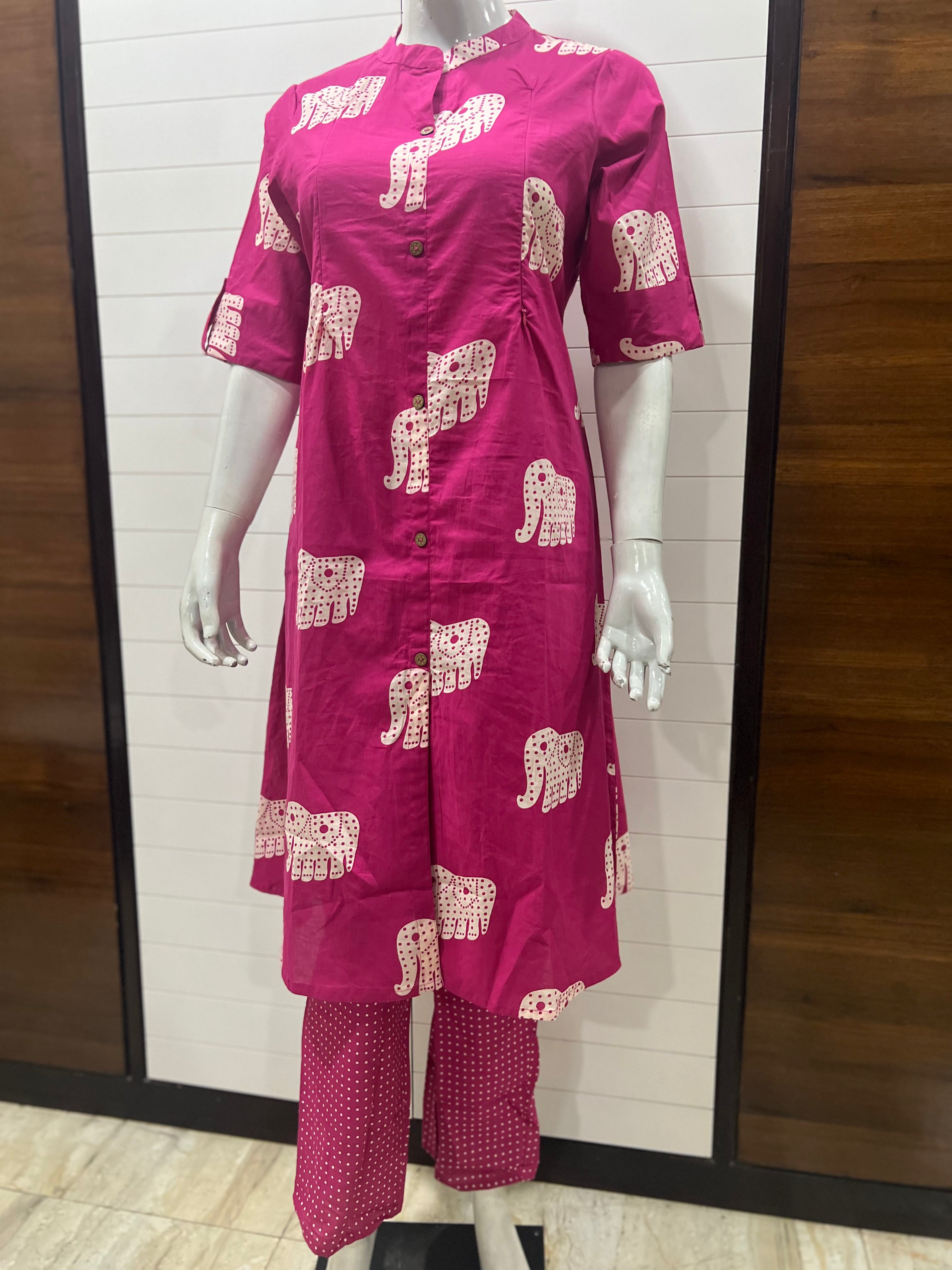 Fuchsia Pure Cotton Printed Feeding A-Line Kurta Pant Set
