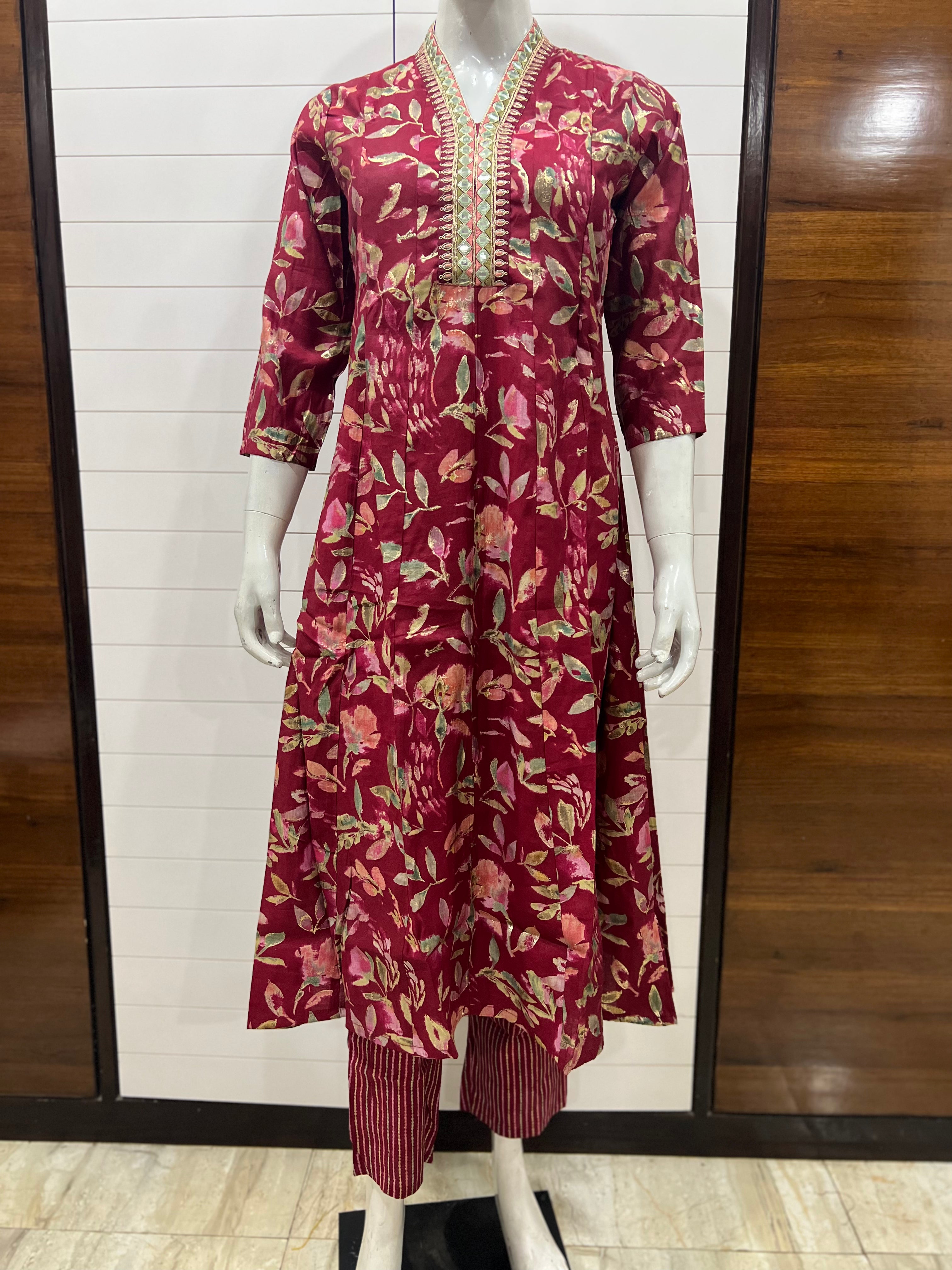 Maslin Cotton Festive Embroidered Feeding Friendly Anarkali Pant and Dupatta Set with Attached Lining