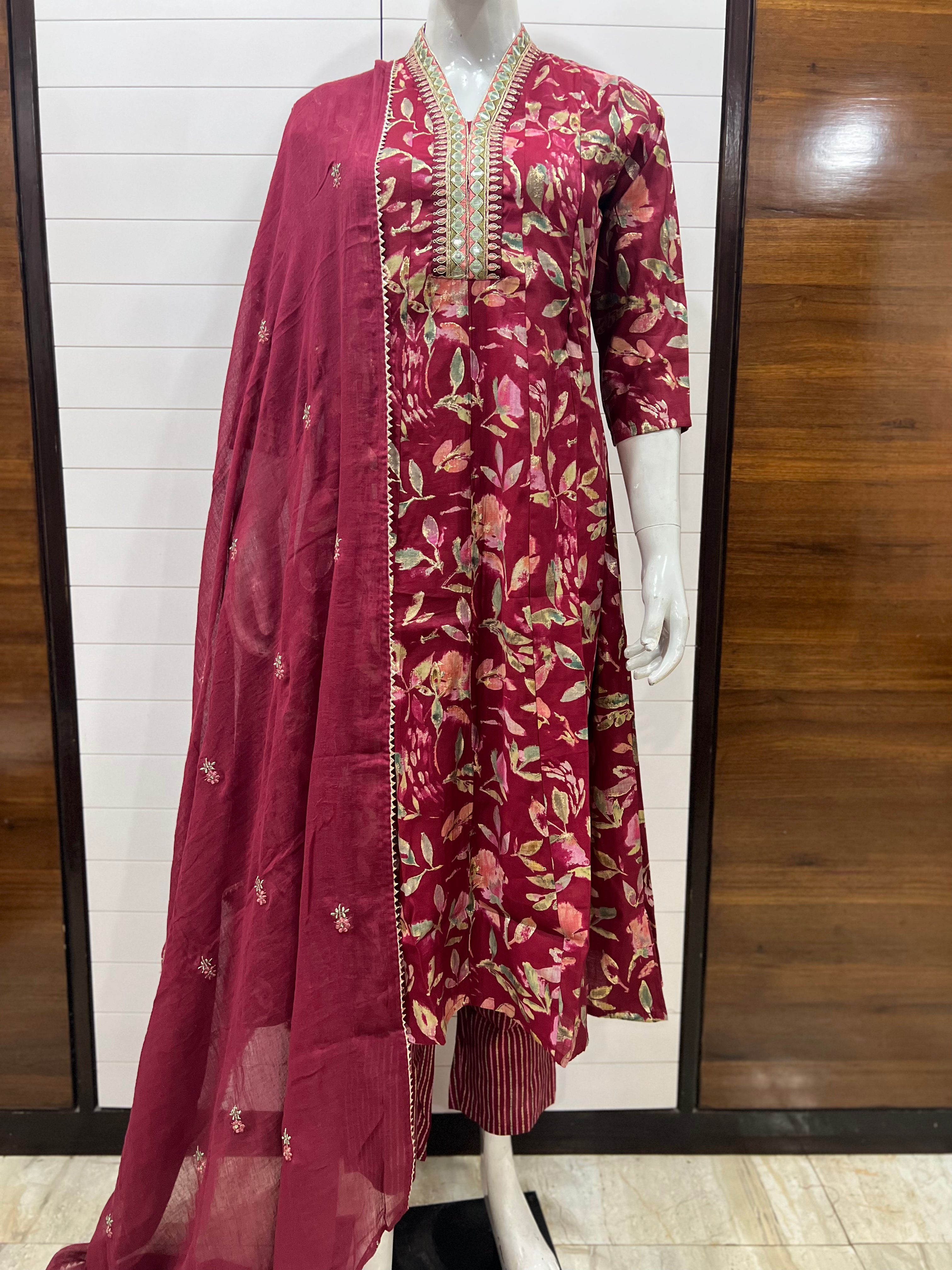 Maslin Cotton Festive Embroidered Feeding Friendly Anarkali Pant and Dupatta Set with Attached Lining