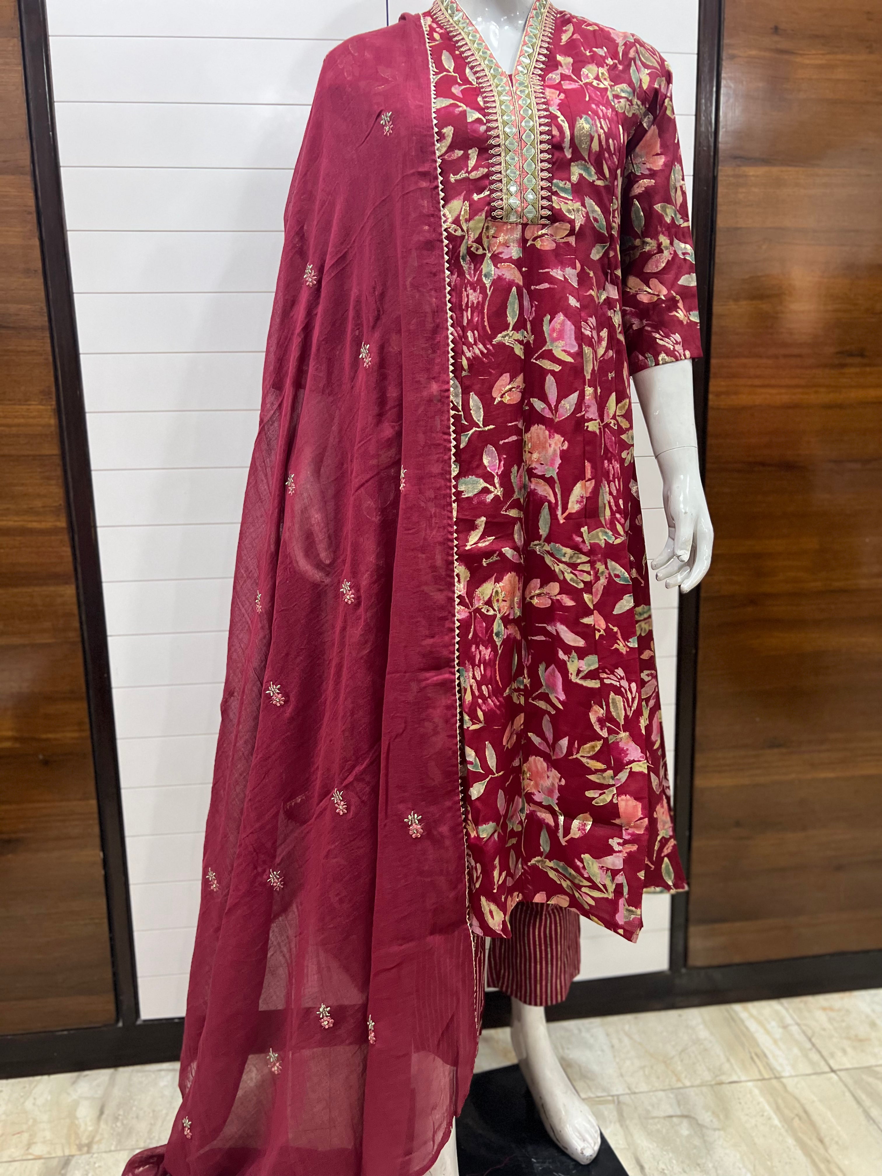 Maslin Cotton Festive Embroidered Feeding Friendly Anarkali Pant and Dupatta Set with Attached Lining