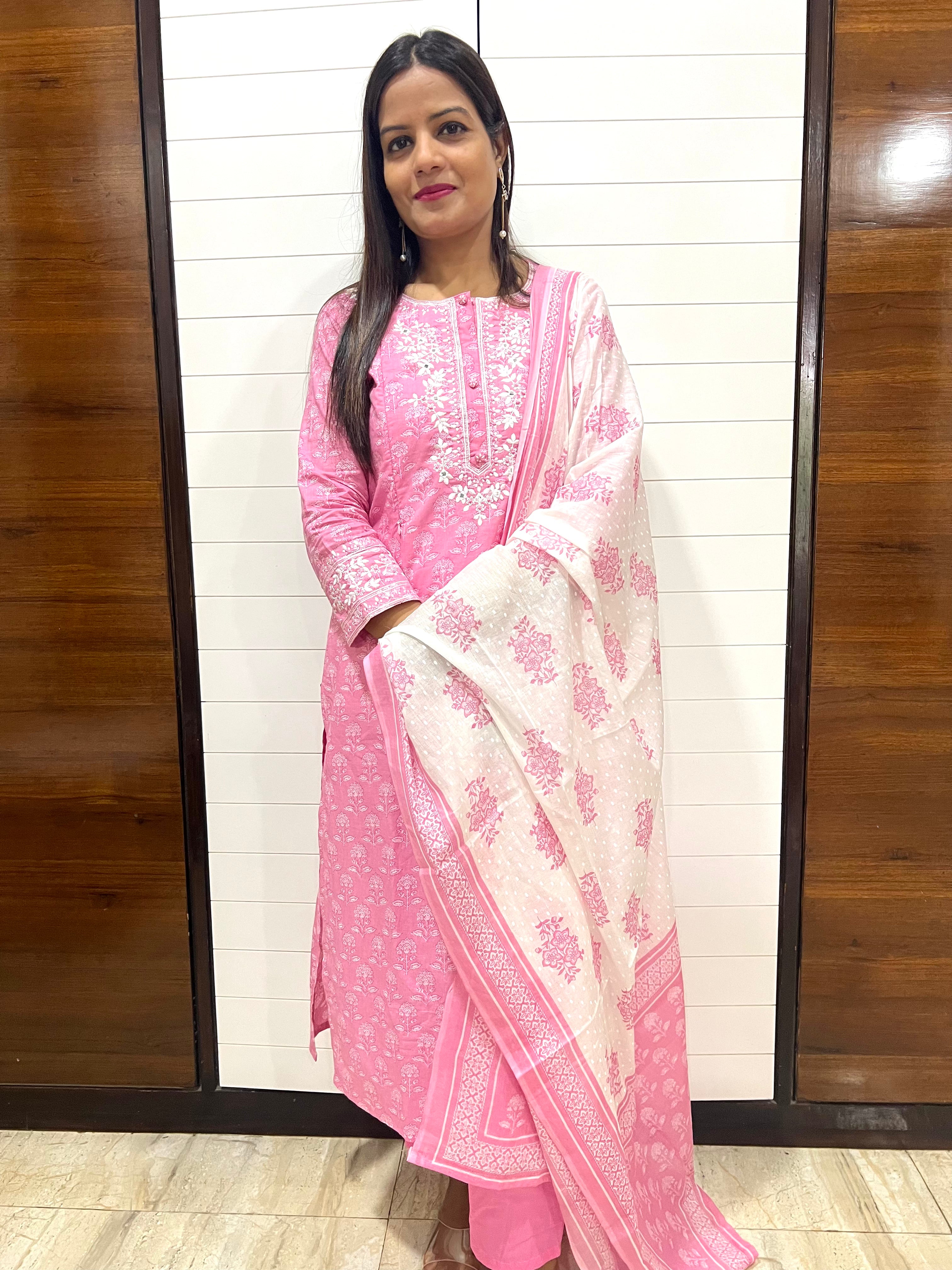 Pure Cotton Embroidered Feeding Kurta Pant and Dupatta Set