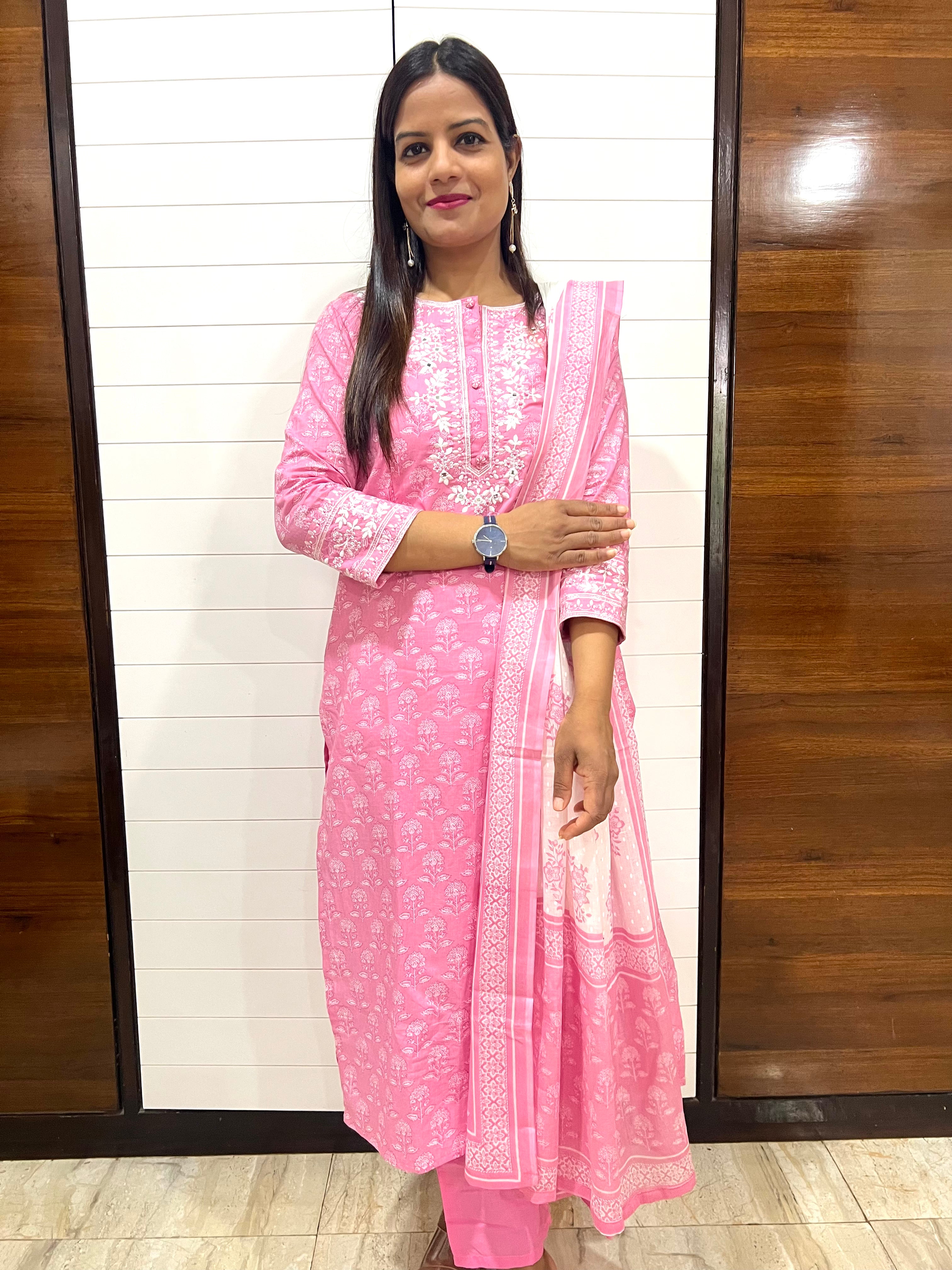 Pure Cotton Embroidered Feeding Kurta Pant and Dupatta Set