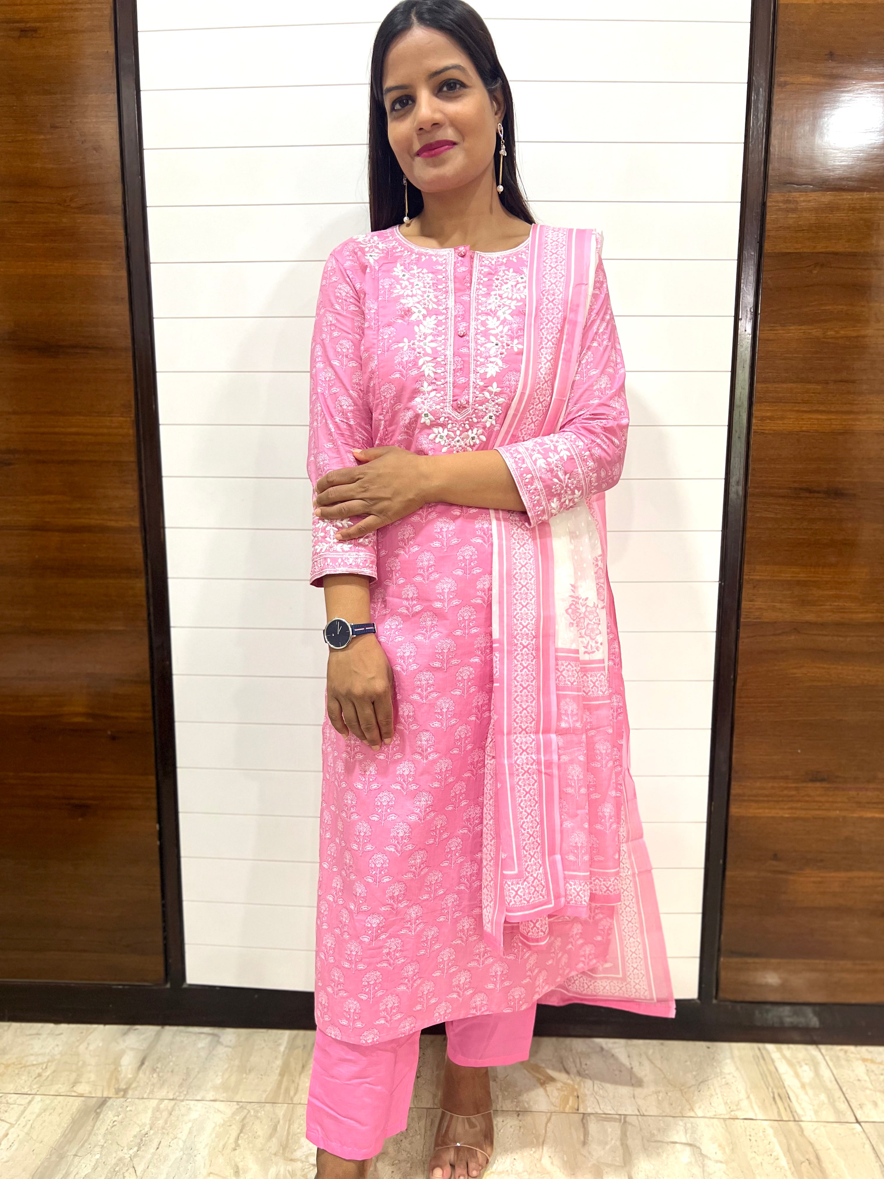 Pure Cotton Embroidered Feeding Kurta Pant and Dupatta Set